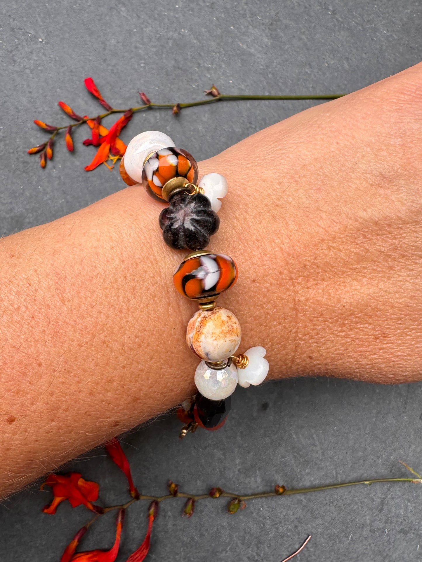 Monarch butterfly. Mixed stone, handmade lampwork Glass, butterfly button, bracelet