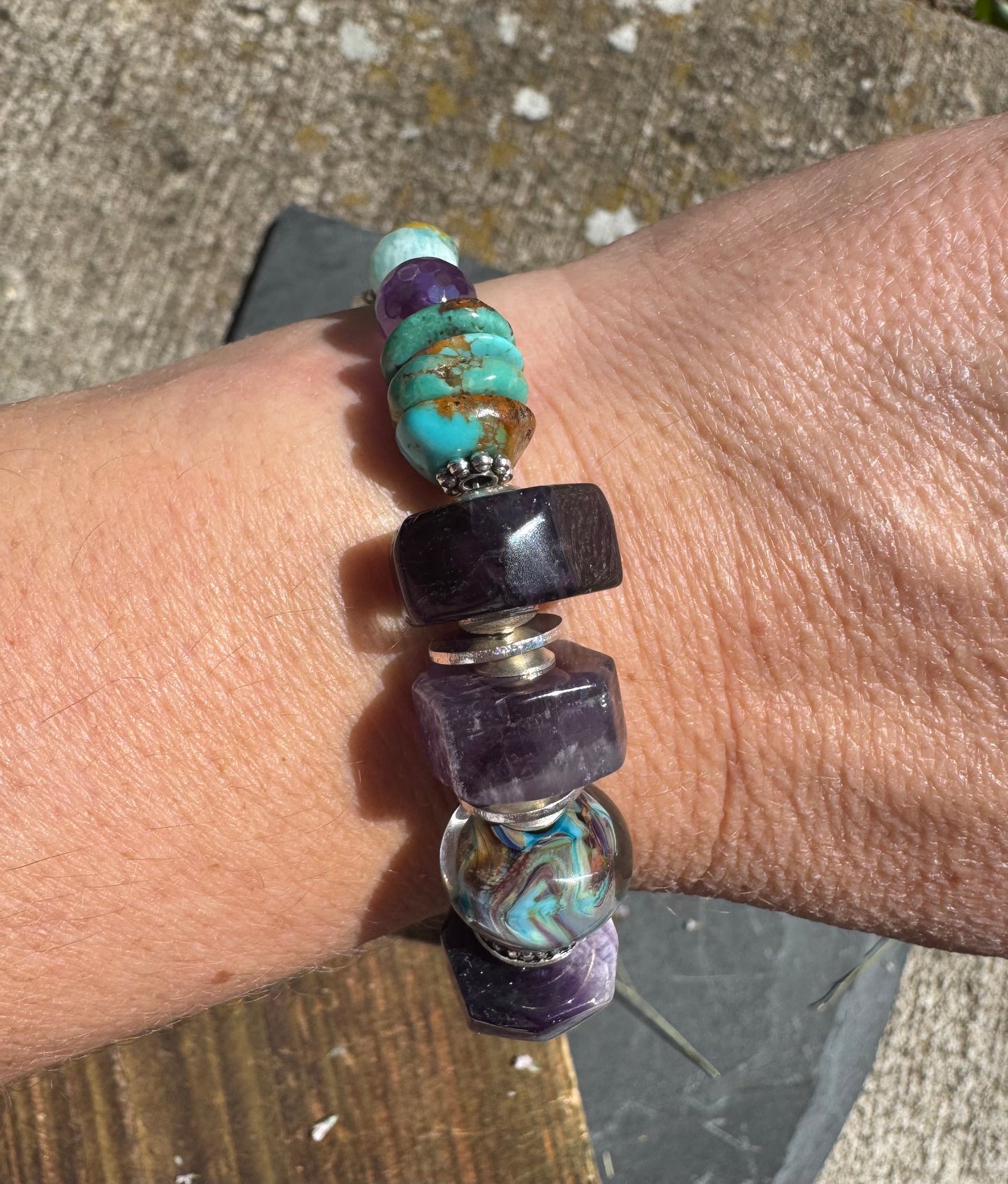 Turquoise kingman, handmade lampwork glass, amethyst, Amazonite, jasper, silver metal, bracelet.