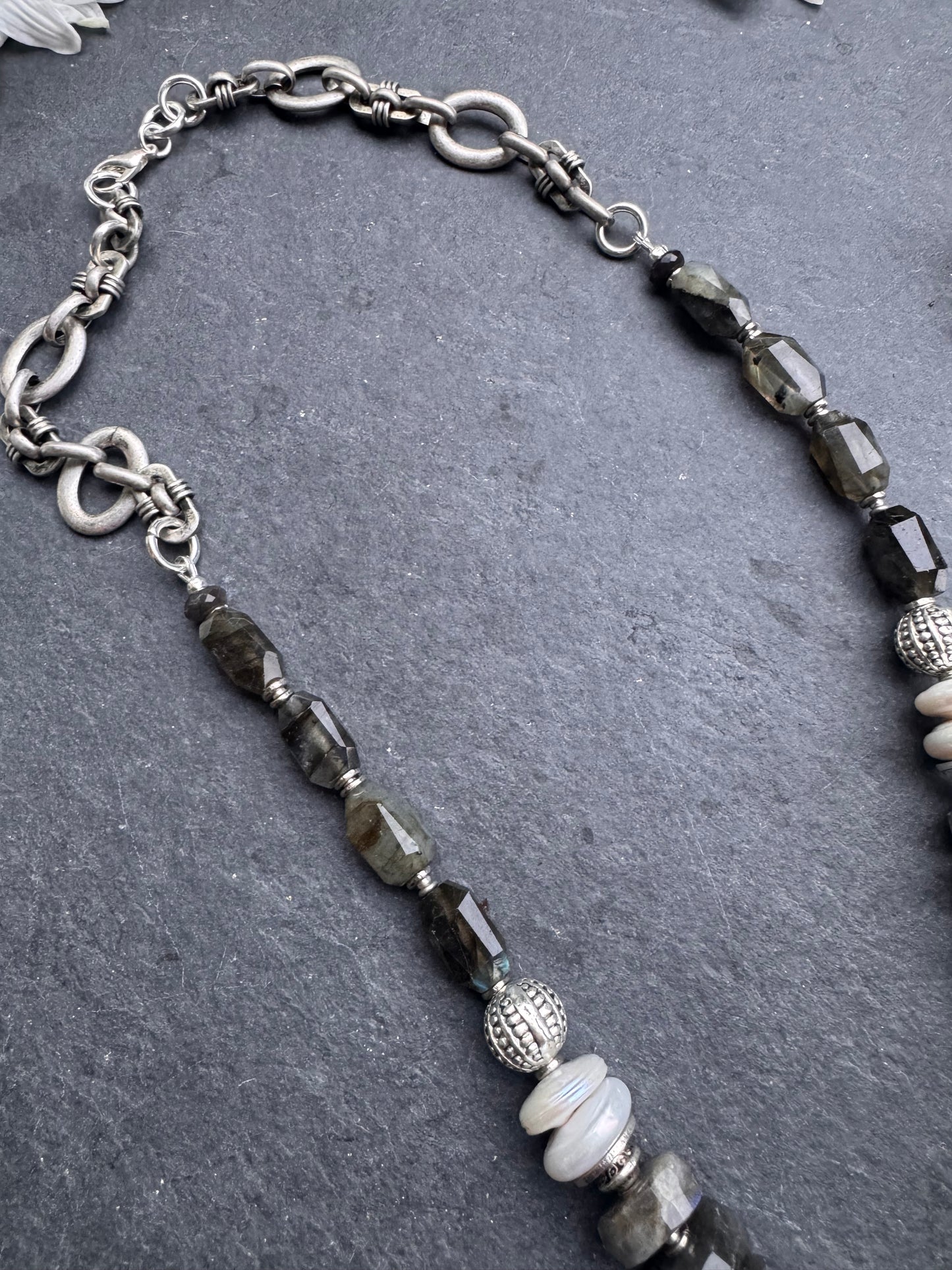 Labradorite, baroque pearl, pewter, silver metal, necklace.