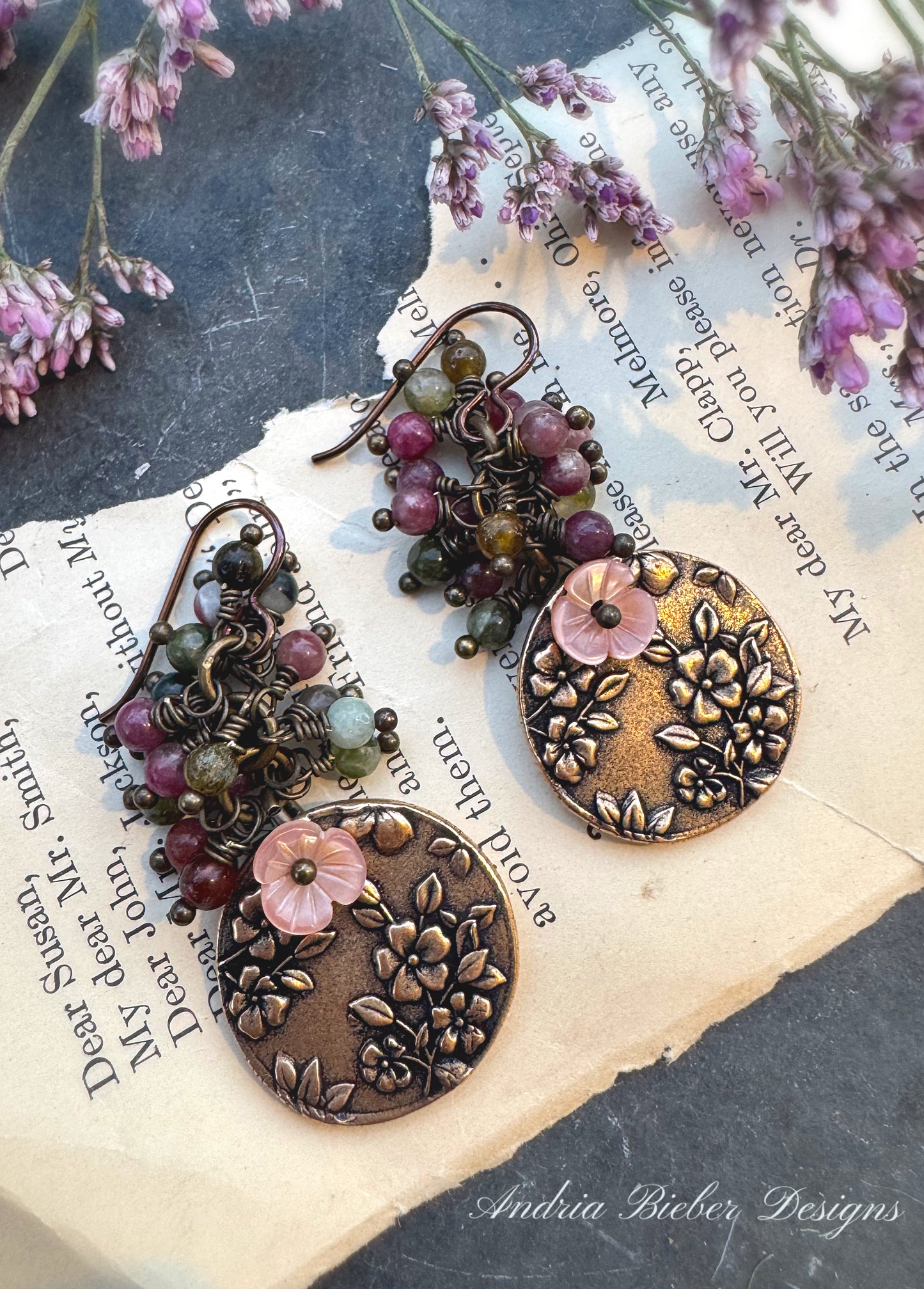 Watermelon tourmaline stone, pink shell flowers, handmade bronze flower charms, earrings