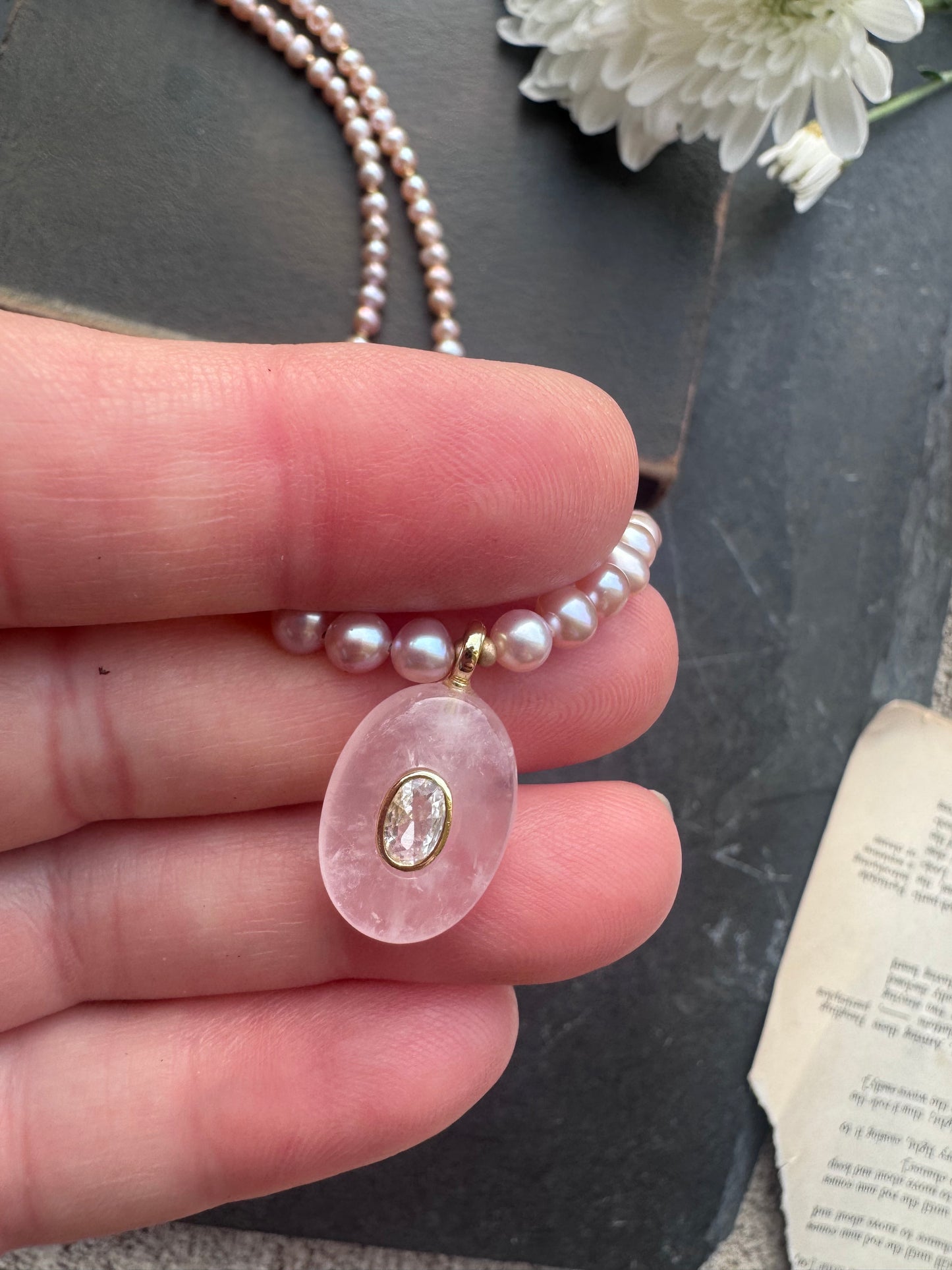 Pink Freshwater pearls, rose quartz drop, and gold metal, necklace