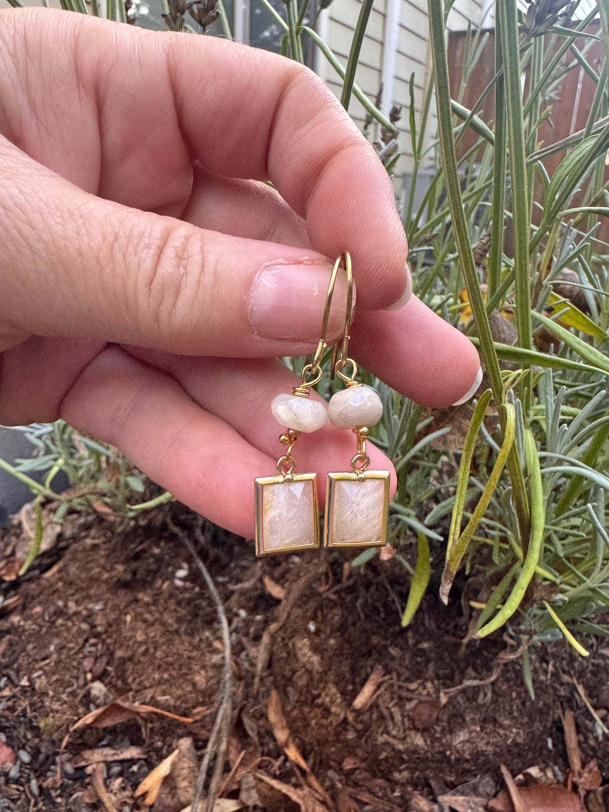 Rainbow moonstone, gold metal, drop, earrings