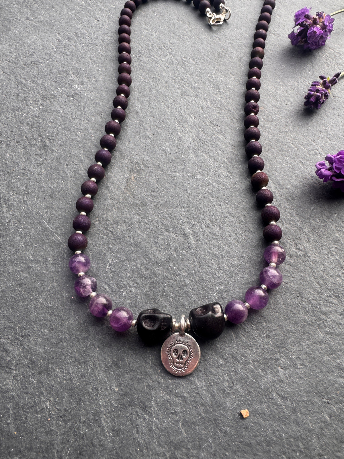 Amethyst stone, druzy stone, back skull, silver metal, Halloween, necklace