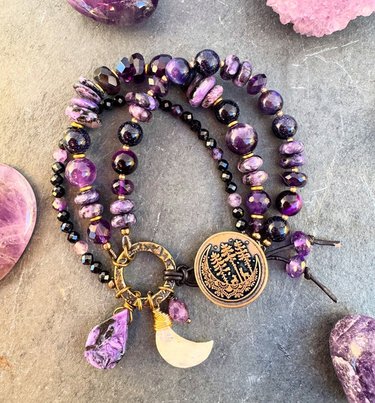 Moon and trees bronze button, amethyst, Onyx, purple goldstone, Charoite and purple tigers eye, Moonstone, bracelet