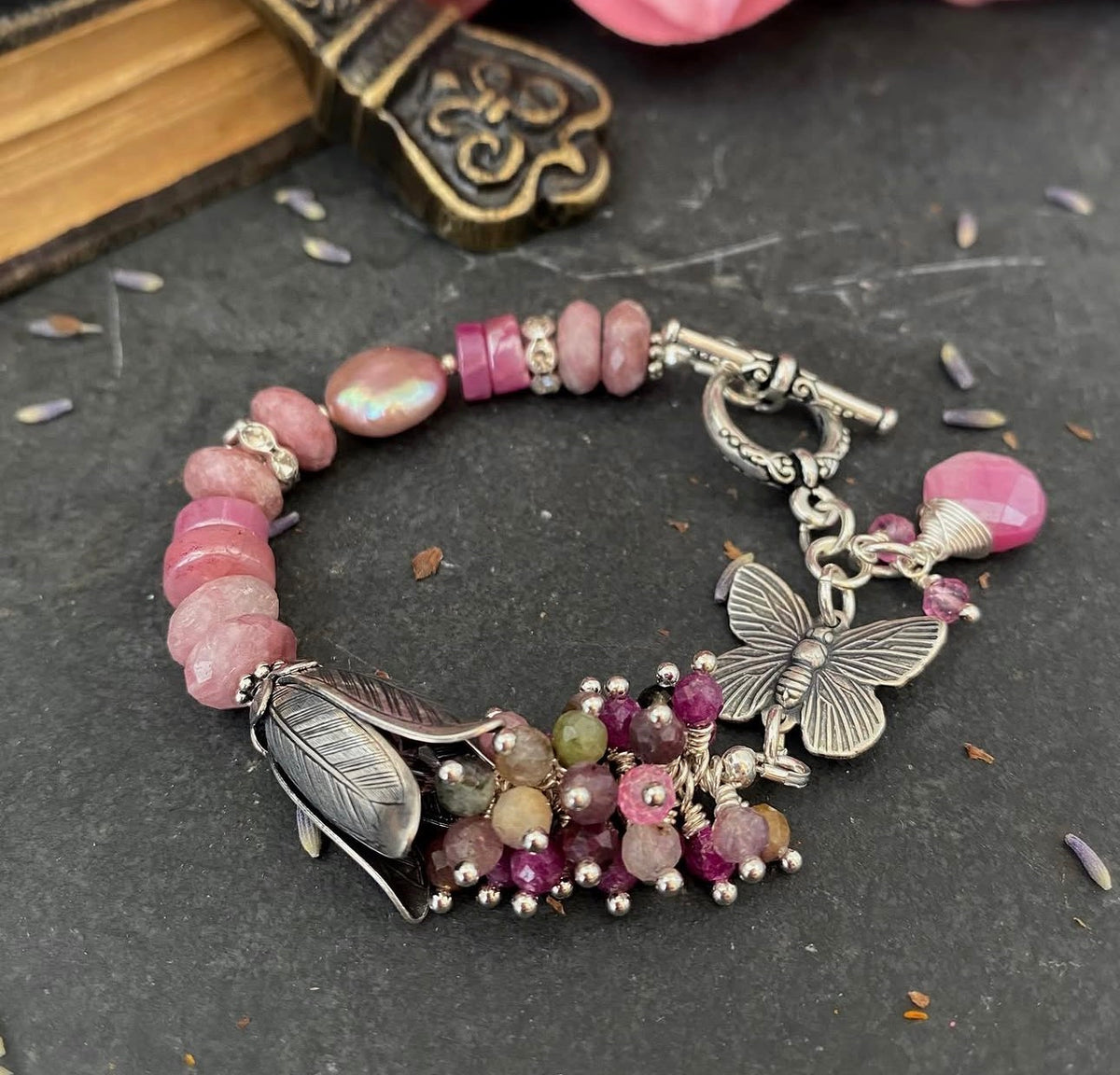 Pink butterfly. Pink moonstone, watermelon and pink tourmaline, pearl, silver metal, bracelet