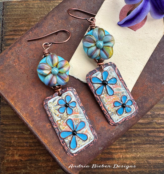 Enamel charm copper metal, with flower lampwork glass, earrings