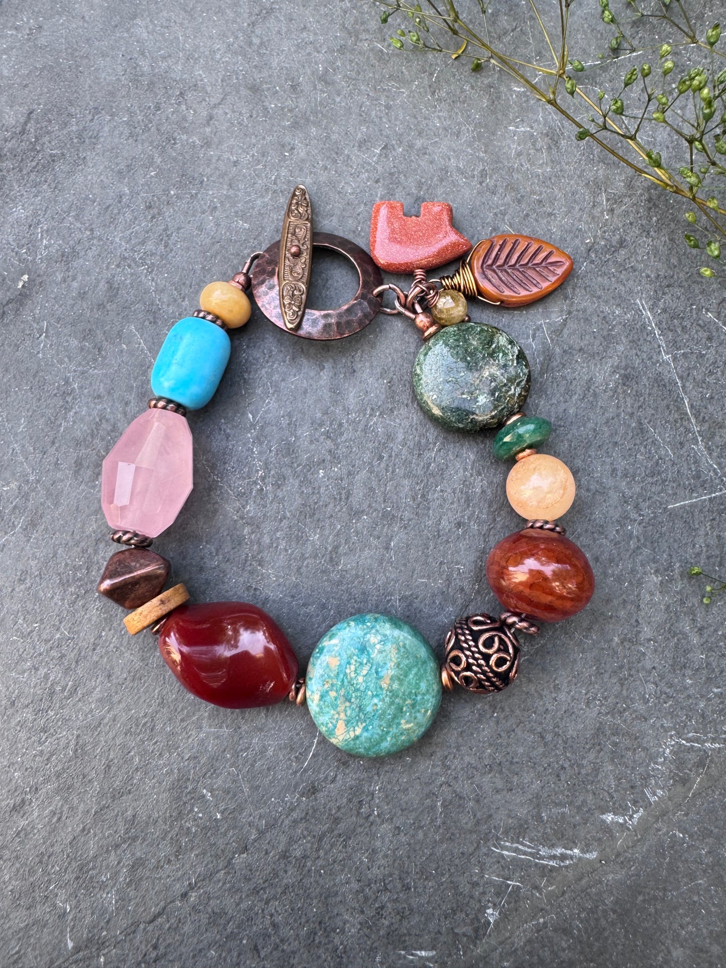 Turquoise, carnelian, agate, emerald, rose, quartz, mixed stone, copper bracelet