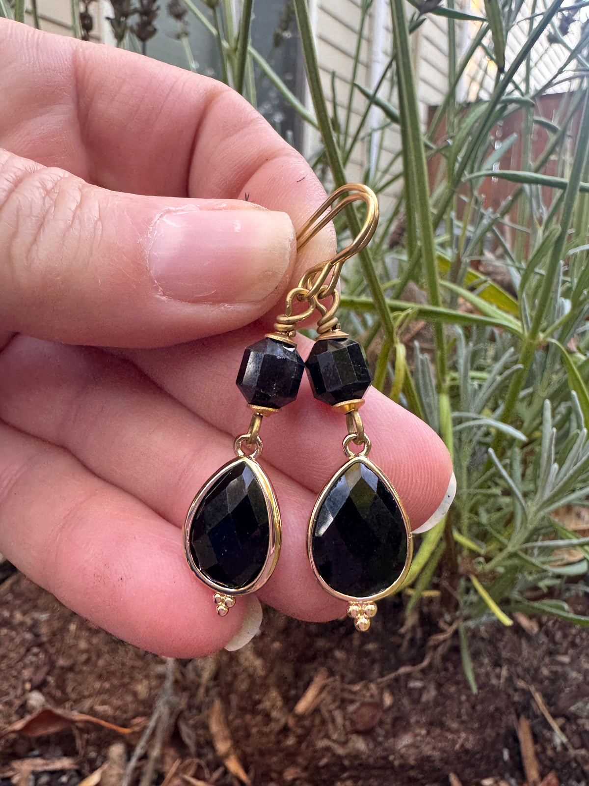 Black onyx, black tourmaline, gold metal, drop, earrings