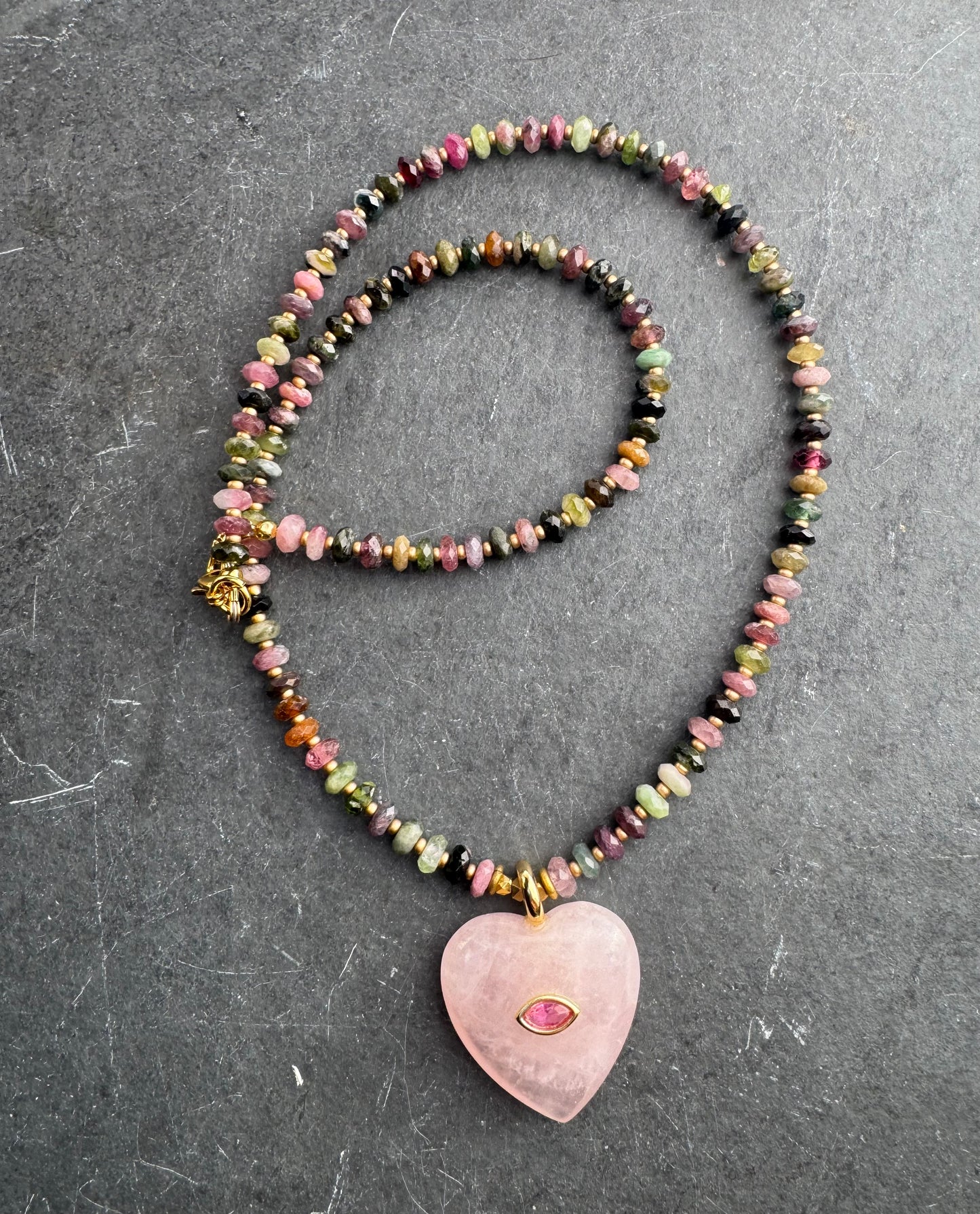 Watermelon tourmaline stone, Heart rose quartz pendant, gold metal, necklace