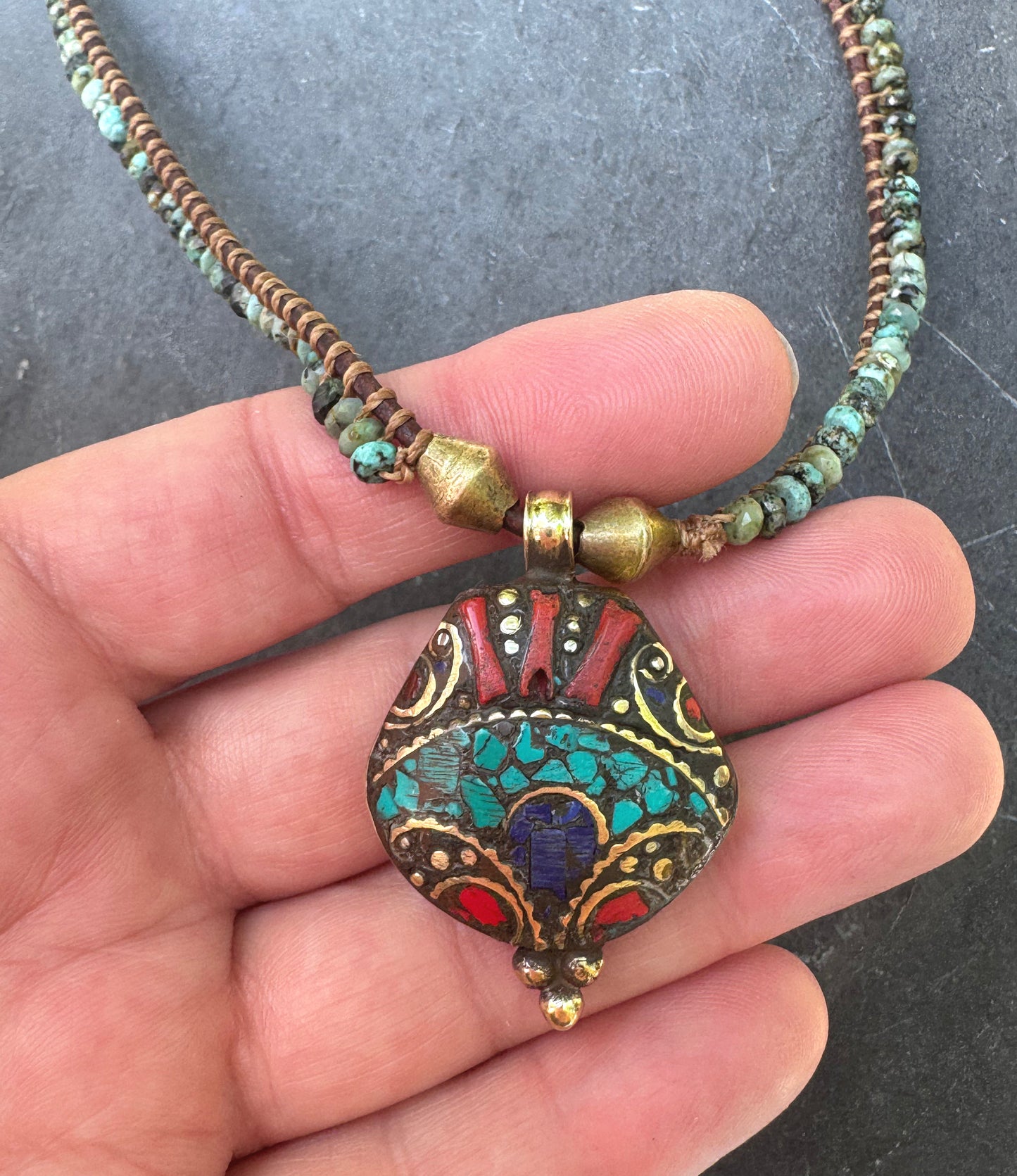 Turquoise, leather, Nepal pendant, necklace