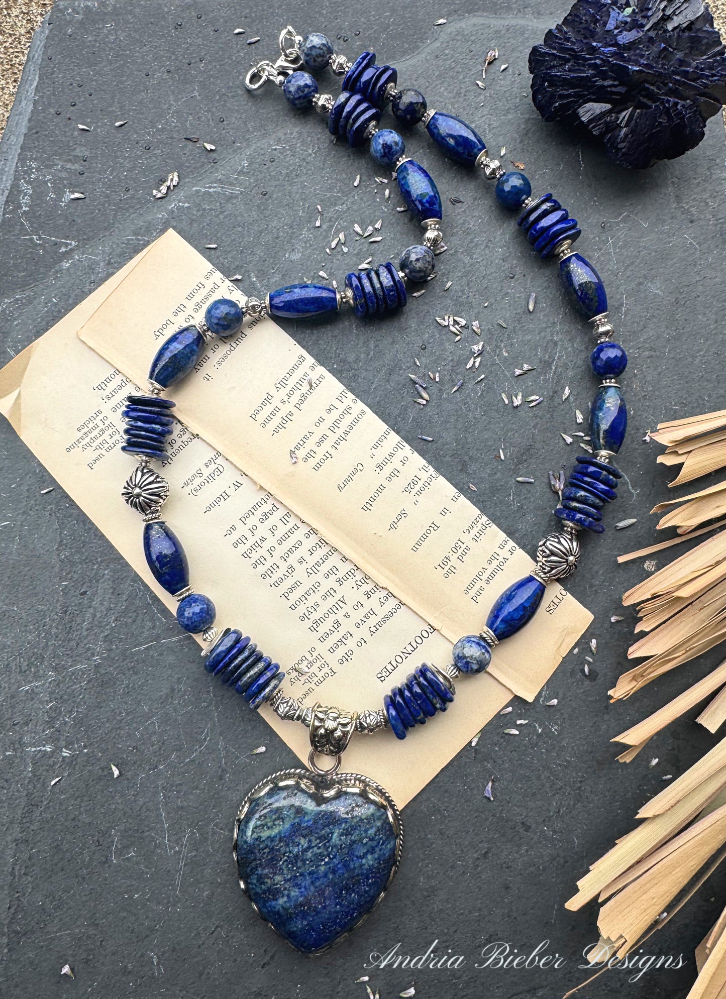 Lapis lazuli stone, lapis stone heart shaped pendant, silver metal. Chunky necklace. MTO.