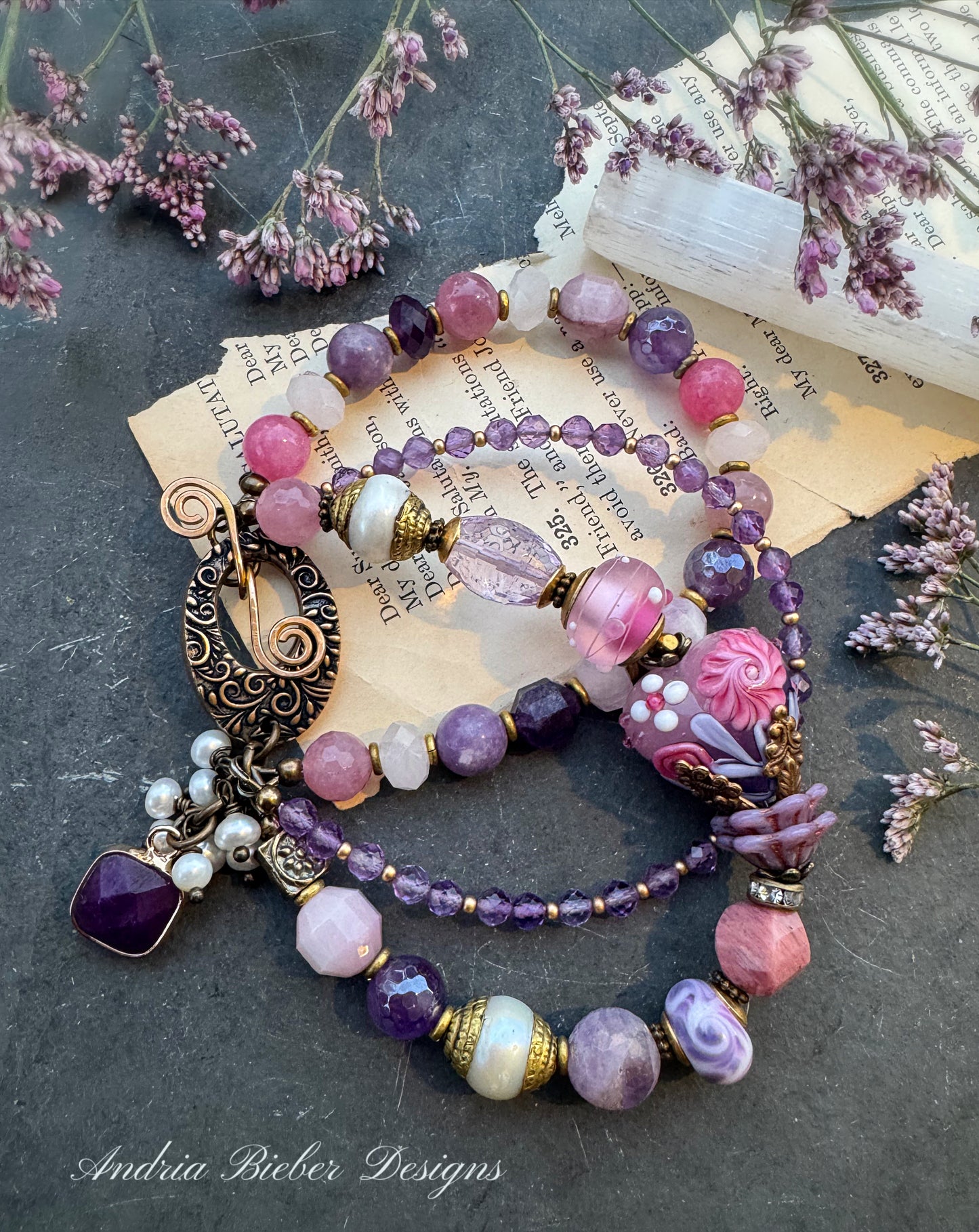 Rose quartz, pink tourmaline, amethyst, pearls, Czech pass, rhodochrosite, pink jade, handmade lampwork glass, handmade bronze clasp, bracelet