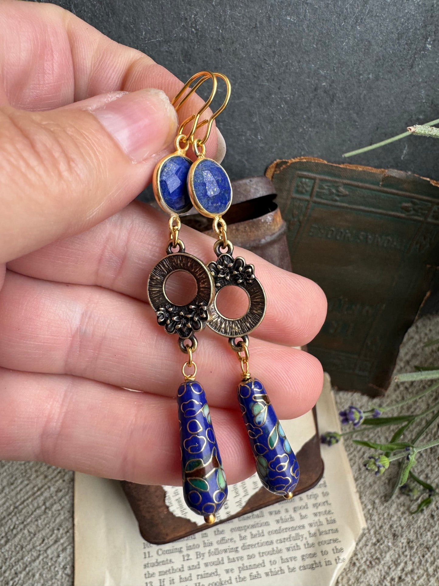 Gold flower charms, lapis stone, Cloisonné beads, earrings