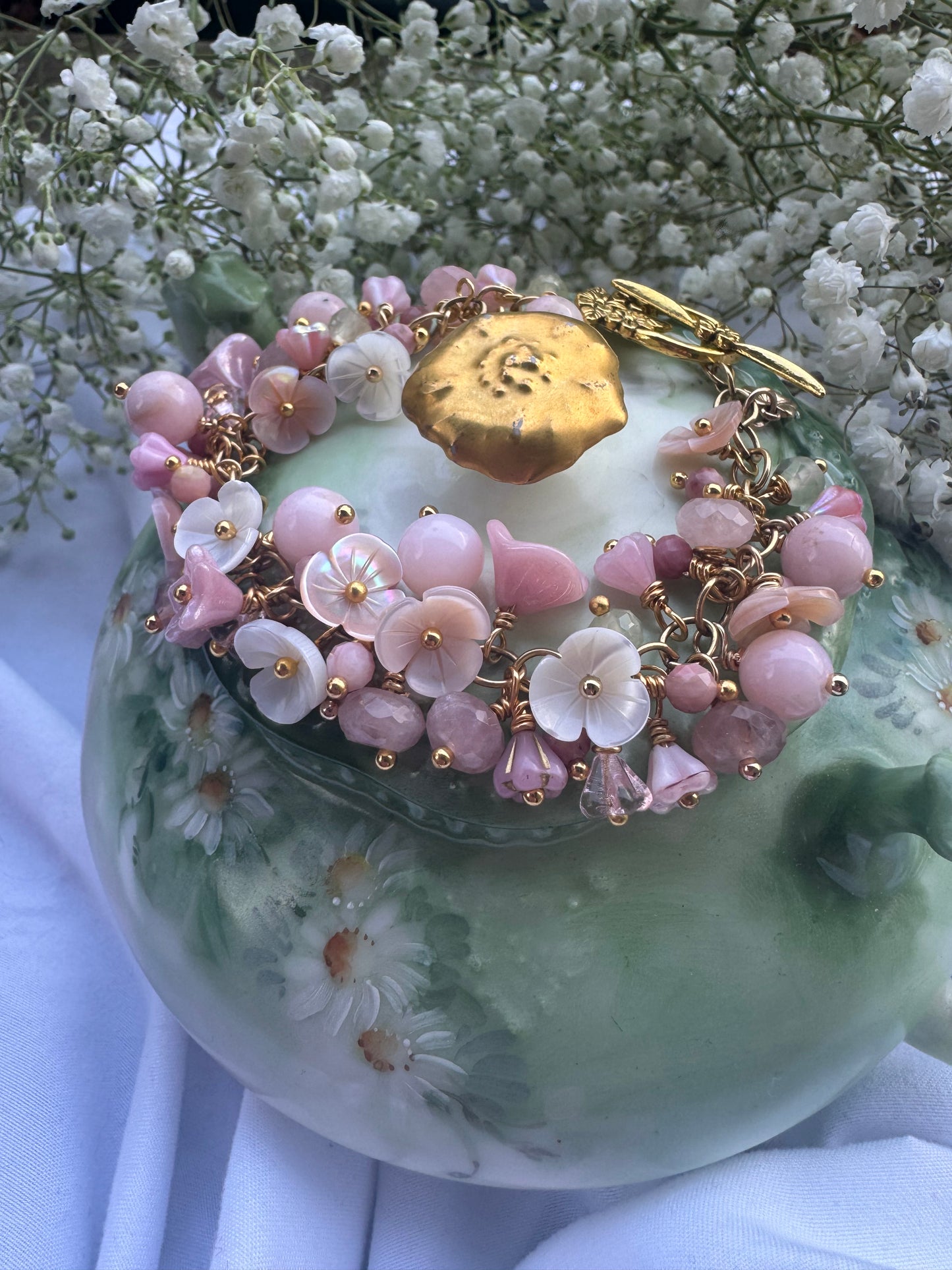 Pink opal, pink shell blossoms, rose quartz, peridot, 18k solid gold charm,  gold metal chain, bracelet. KIT.