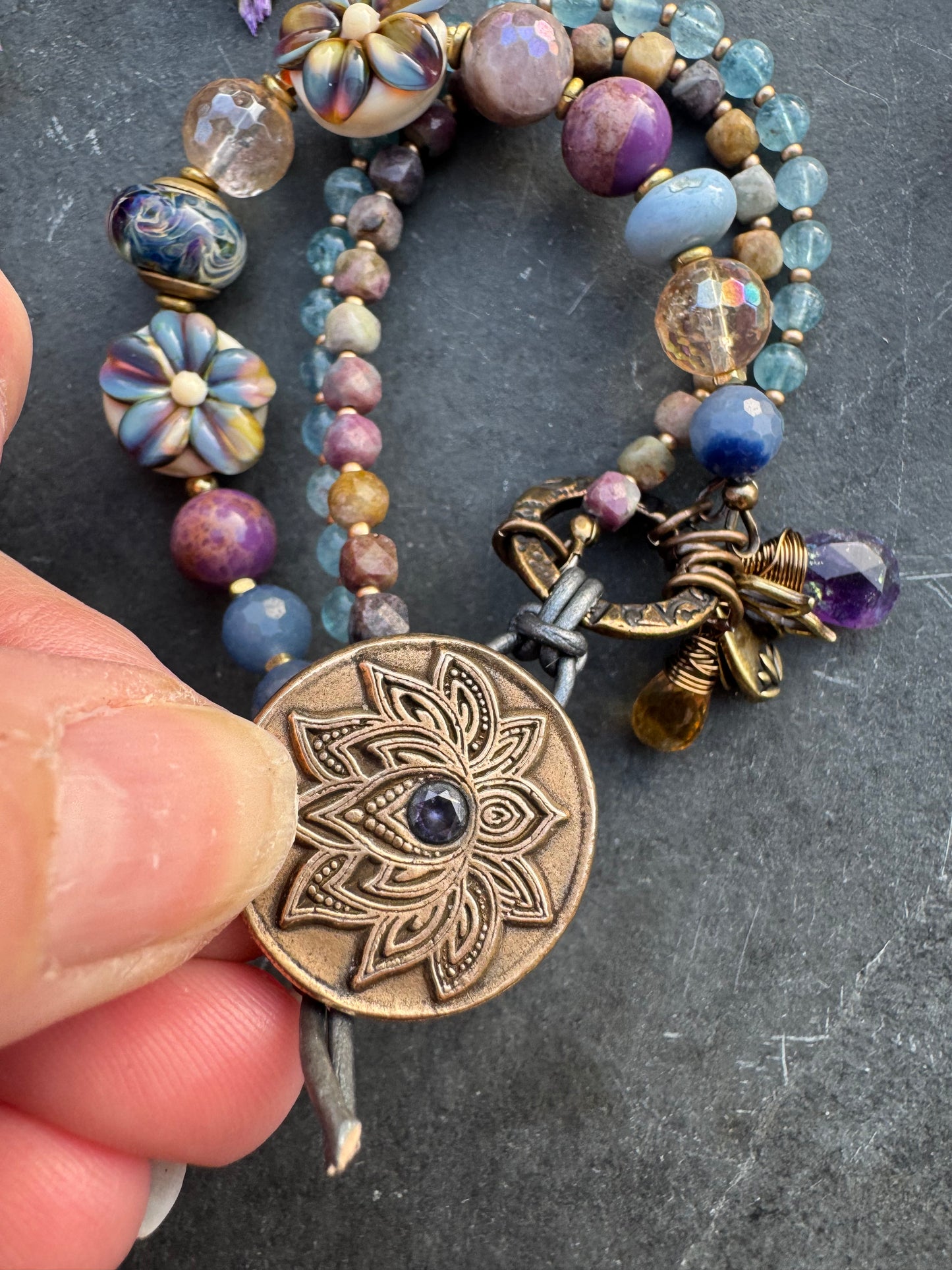 Lamp work glass, mixed gemstone, handmade, lotus flower metal button clasp ￼