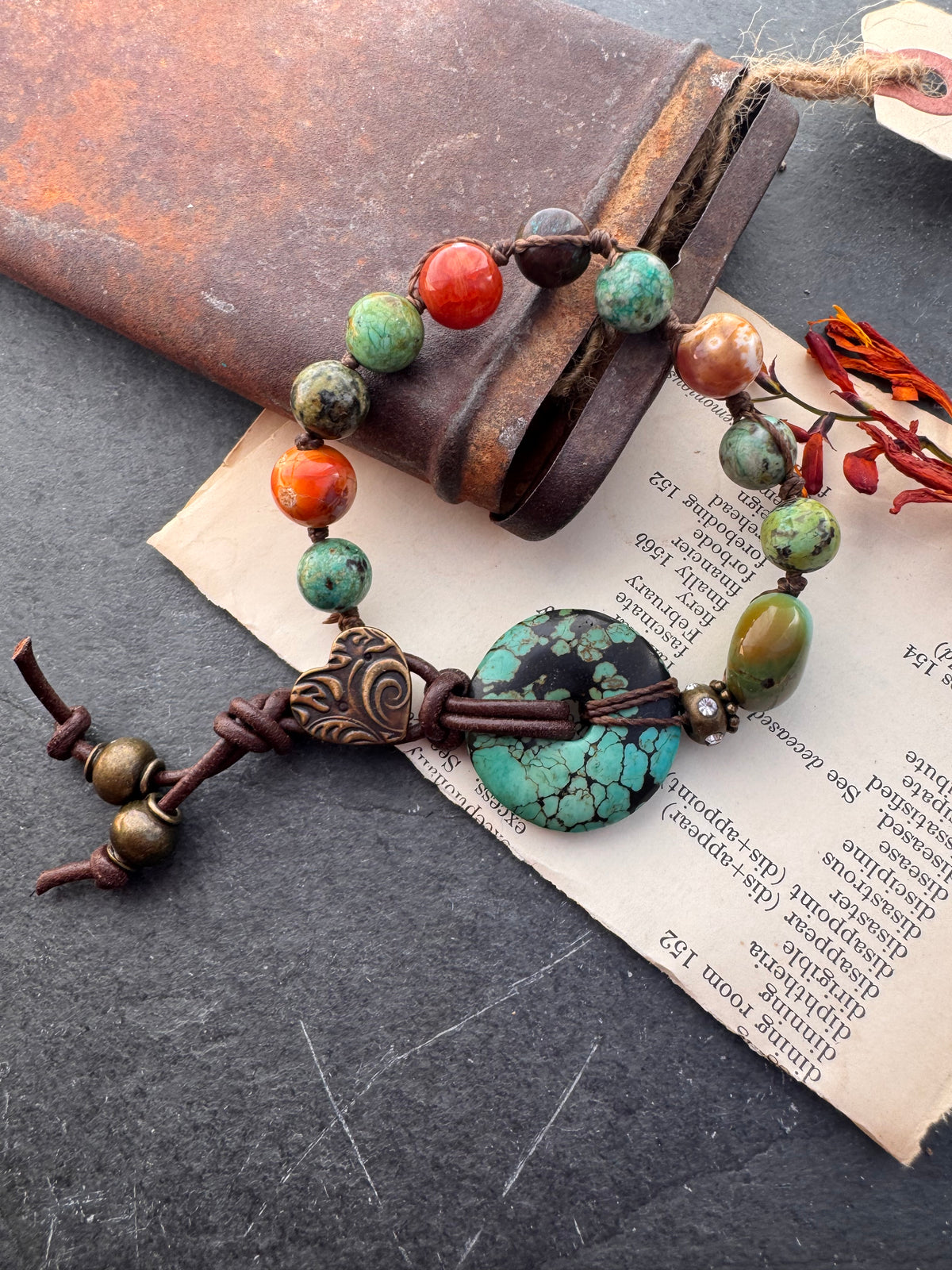 turquoise, carnelian agate, bronze metal, button bracelet.