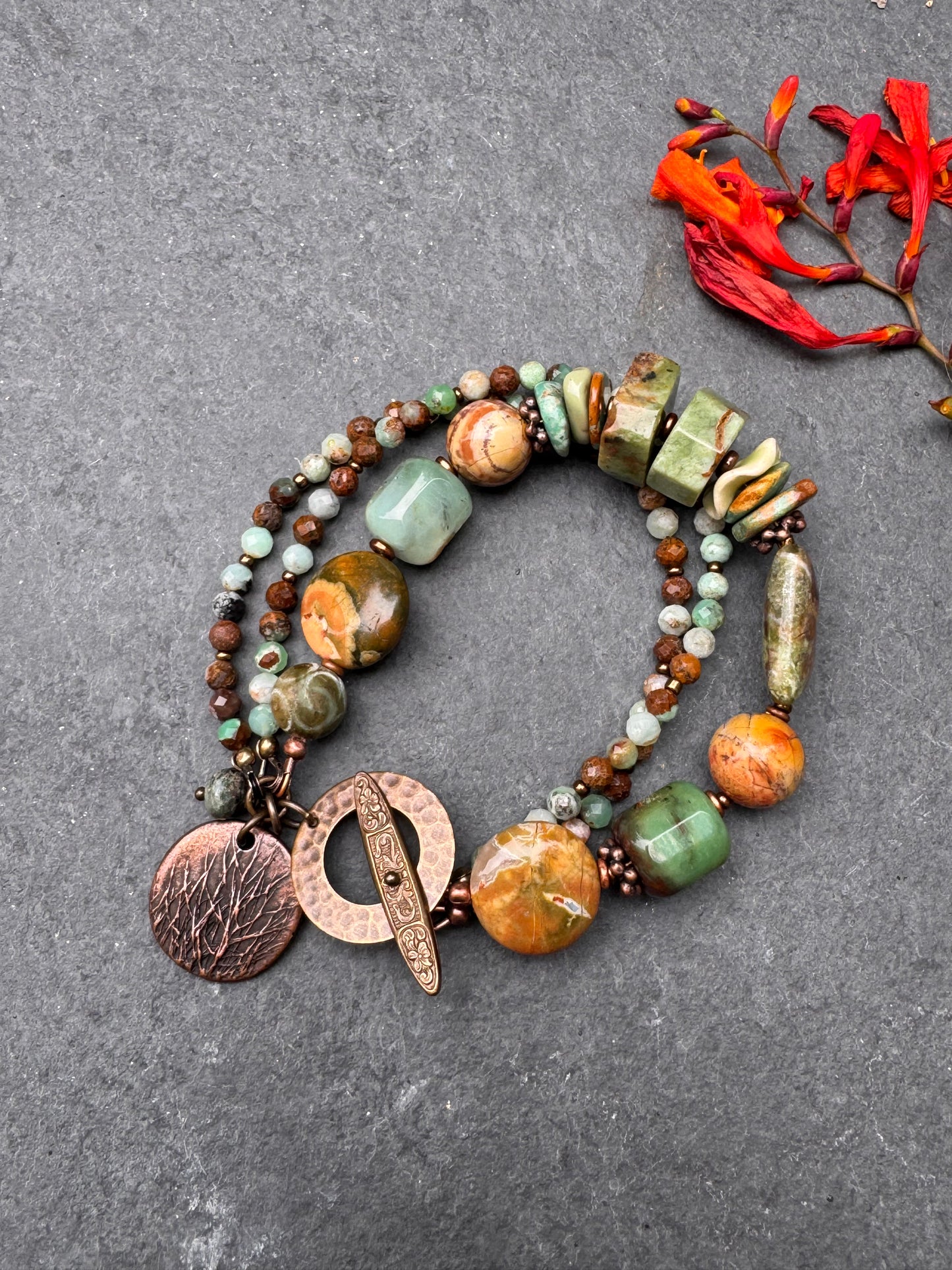 Green opal, Australian Chrysoprase, turquoise, copper metal, bracelet.