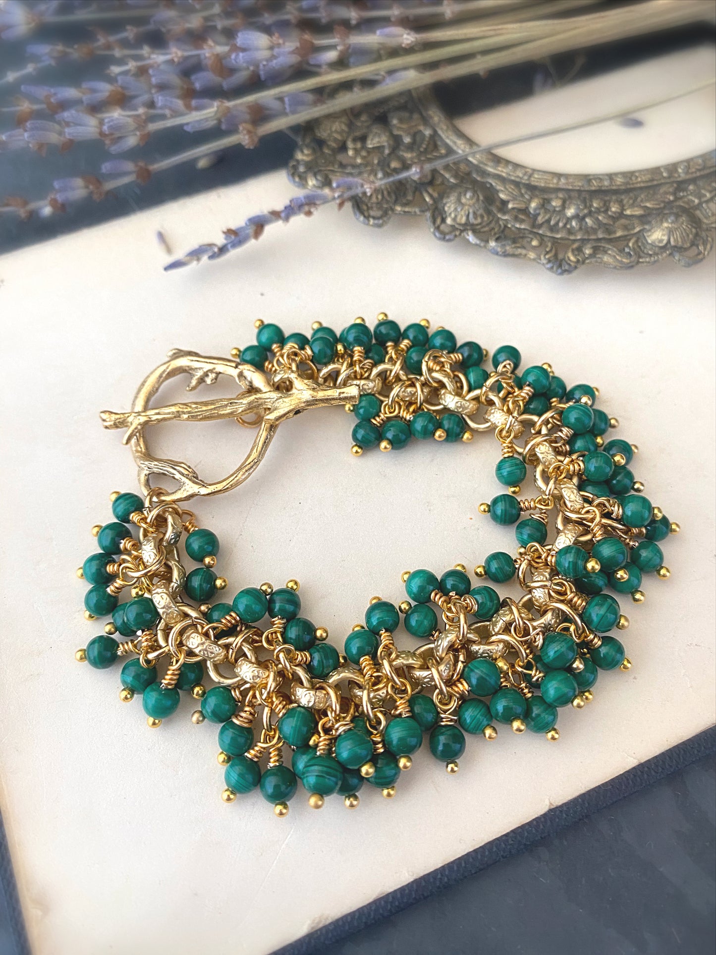 Genuine Green malachite gemstone and gold metal bracelet. - Andria Bieber Designs 