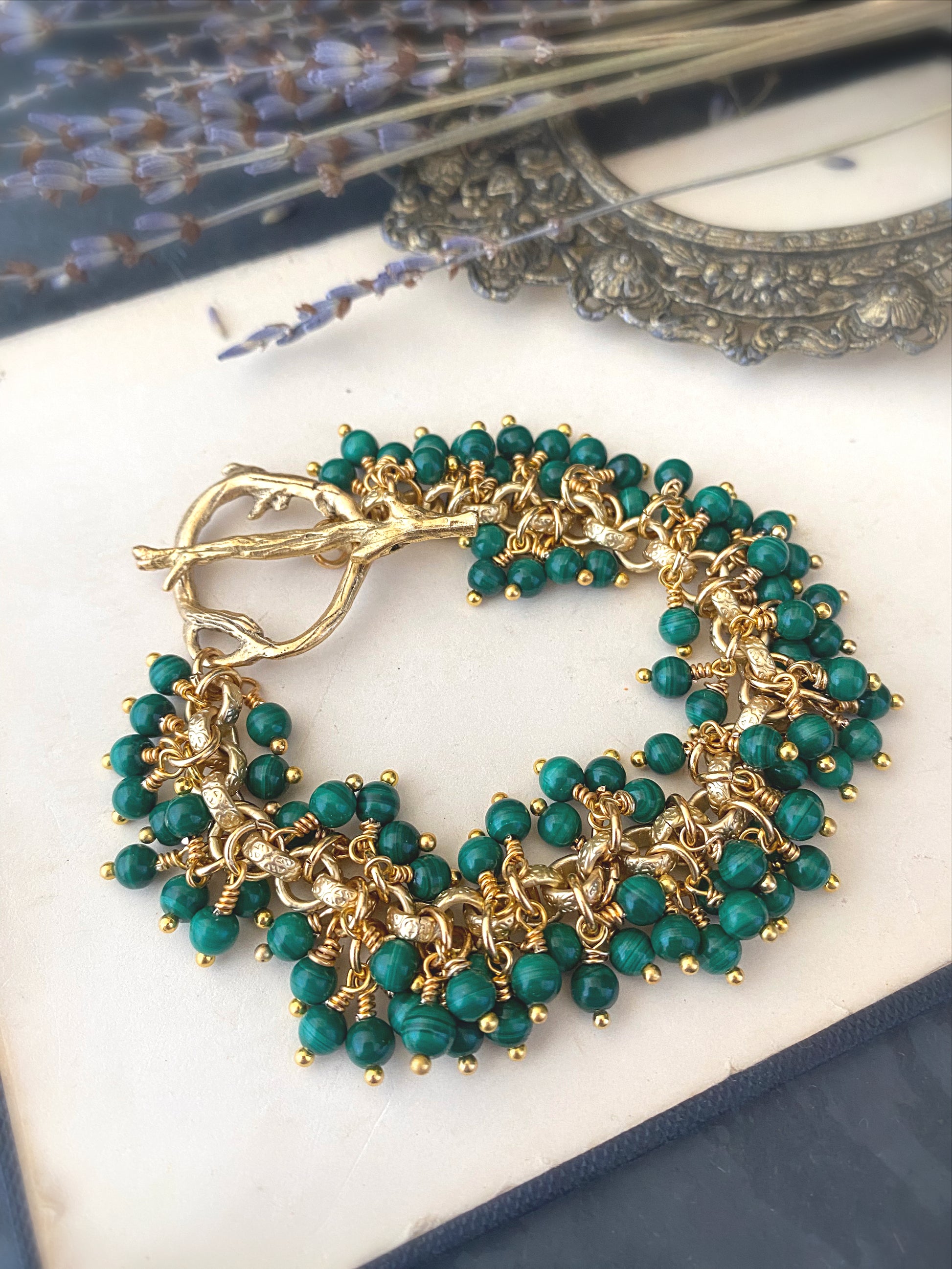 Genuine Green malachite gemstone and gold metal bracelet. - Andria Bieber Designs 