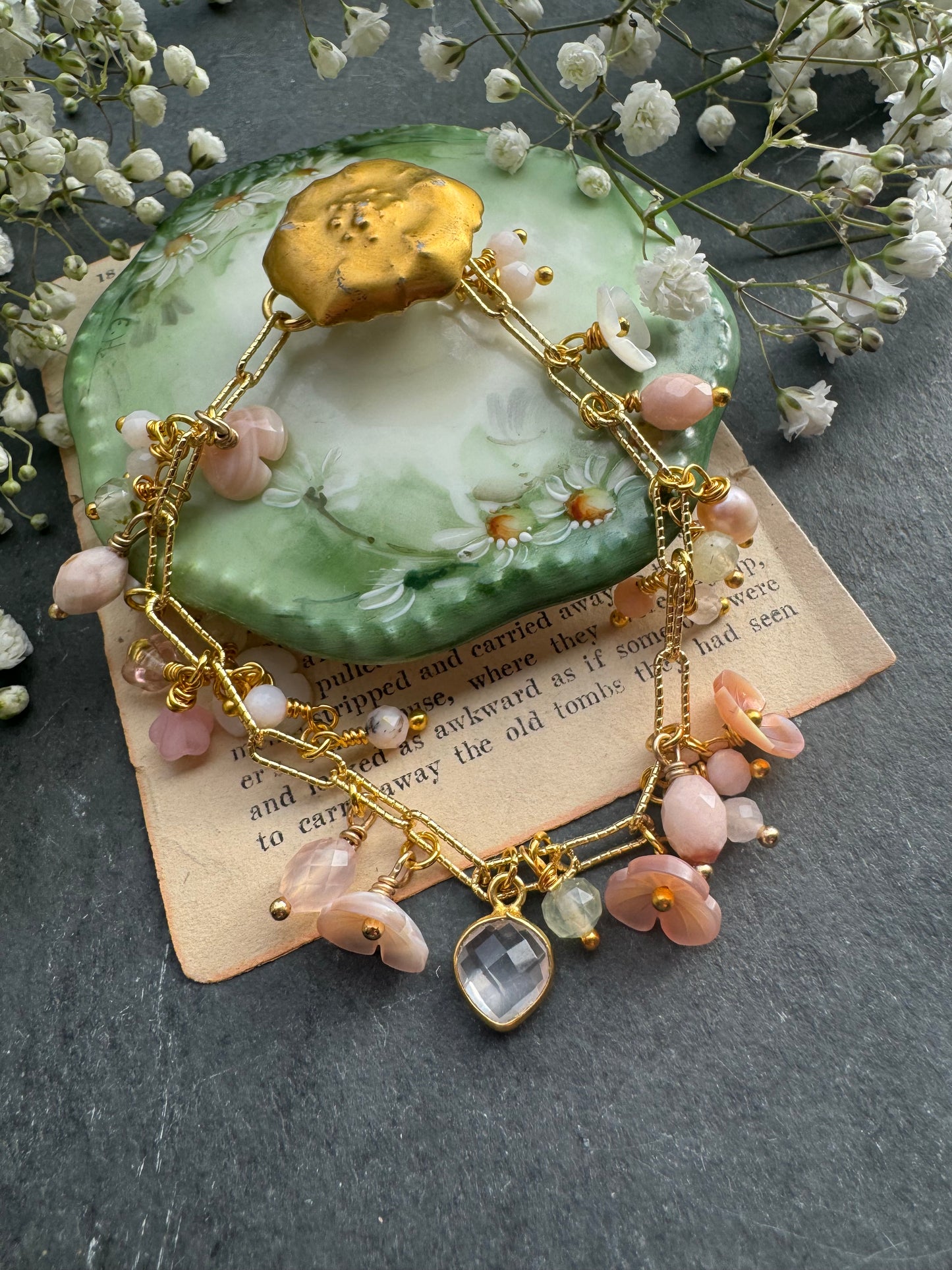 Pink opal, pink shell blossoms, pearls, peridot, rose quartz, gold charm, 14K Heavy Gold Plated Chain, vermeil gold, bracelet.