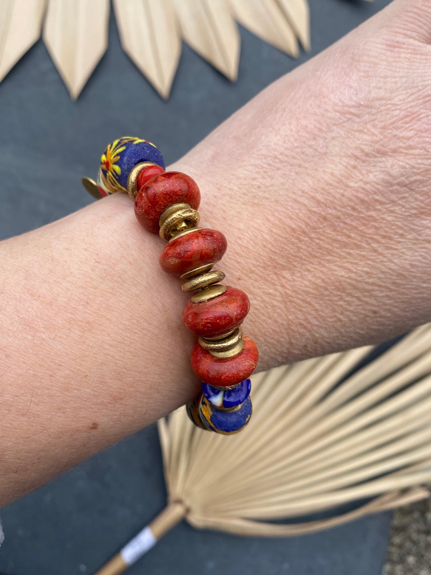 African brass, red coral, kingman turquoise, Tibetan bead, elastic cording, bracelet, jewelry