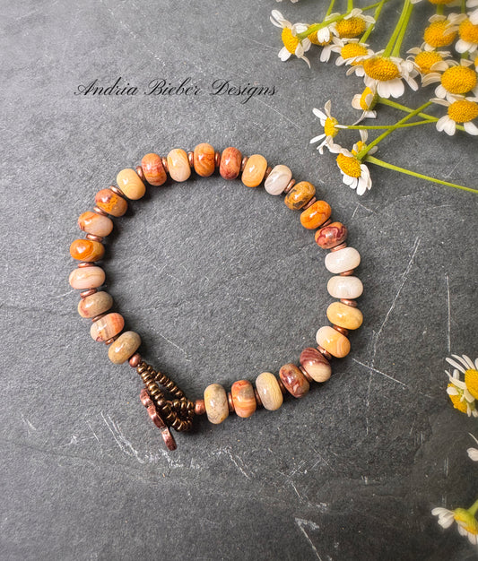 Crazy lace agate, copper metal, button bracelet
