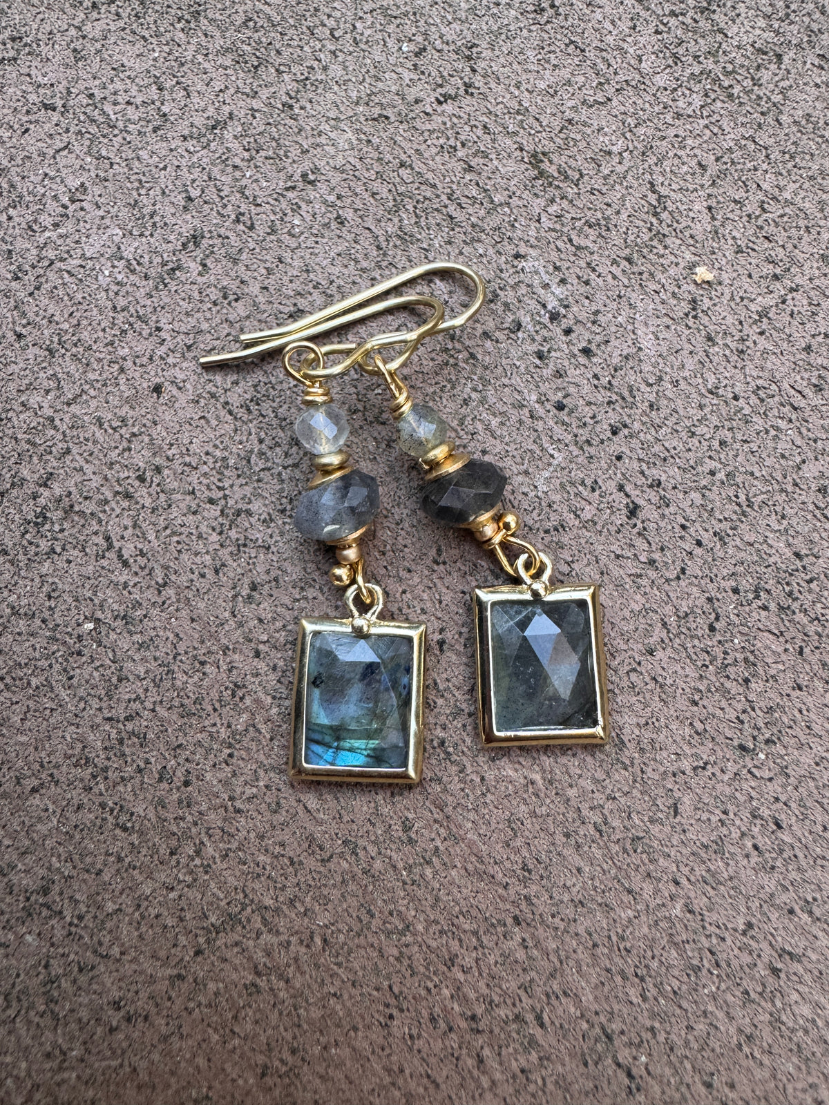 Labradorite stone, gold metal, drop, earrings