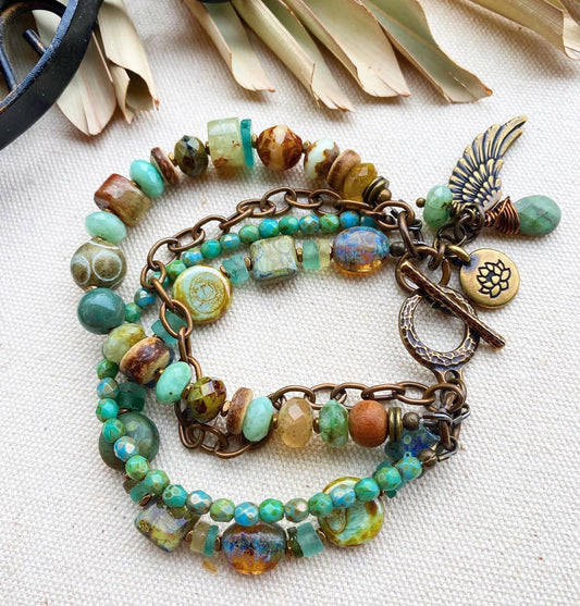 Roman glass, green stone, wood, Czech glass, chain, bronze, bracelet