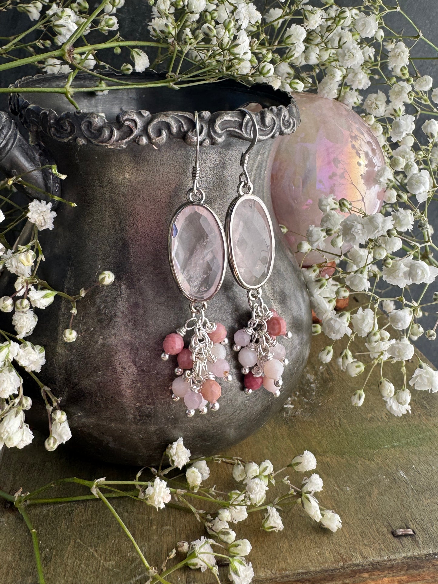 Quartz rose quartz drops, pink opal, silver metal, earrings