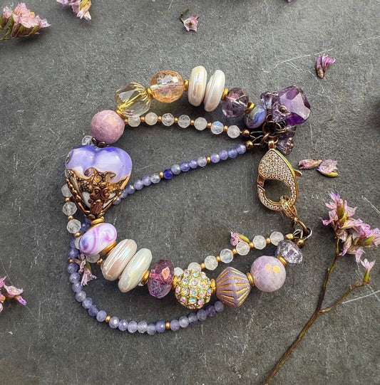 Lampwork glass, moonstone, amethyst, pearls, citrine, Czech glass and rhinestone clasp