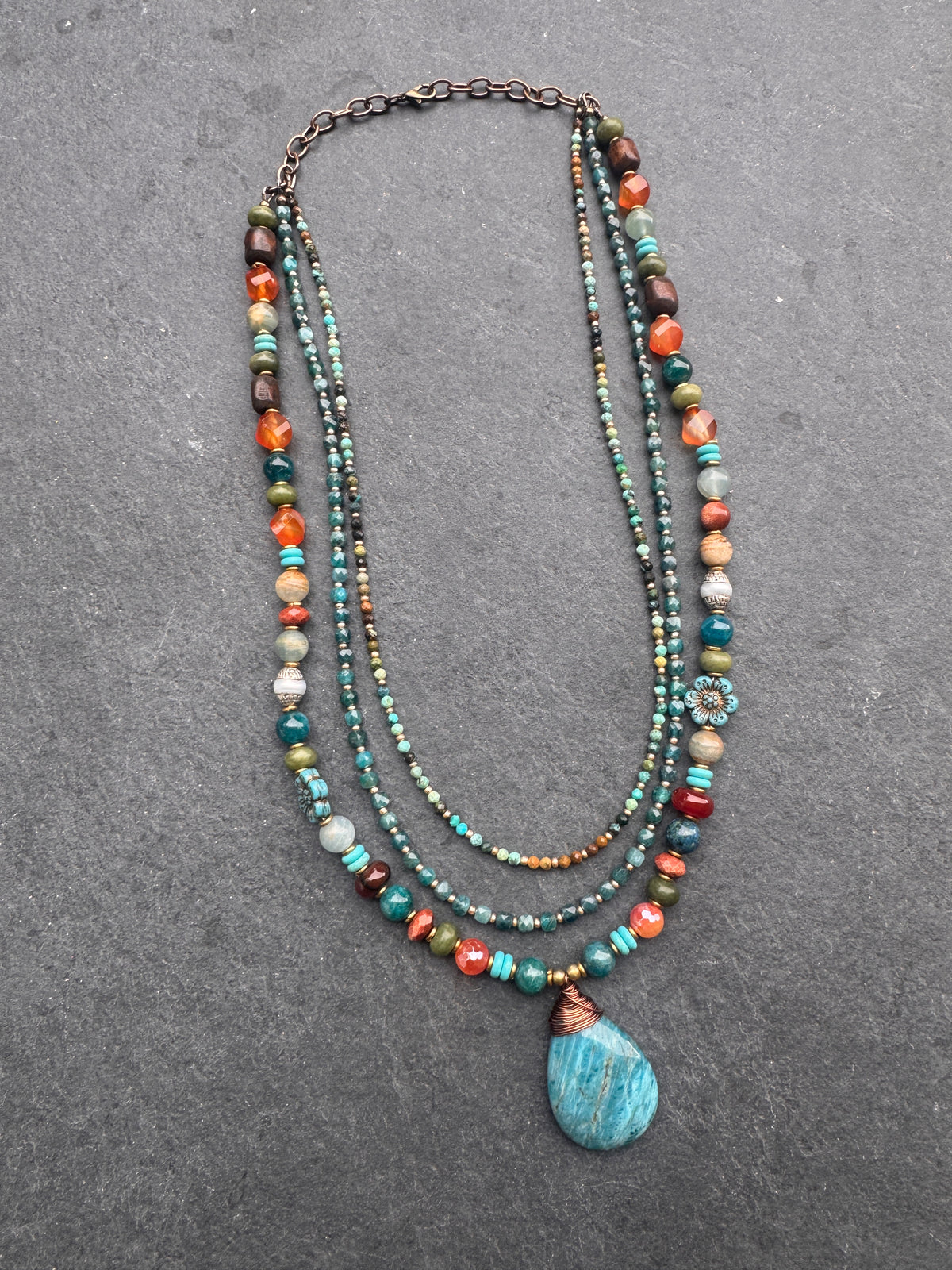 Apatite, Carnelian agate, Sunstone, turquoise, olivine, Lemurian Blue Calcite, Czech glass, pearls, wood, African brass, necklace, jewelry