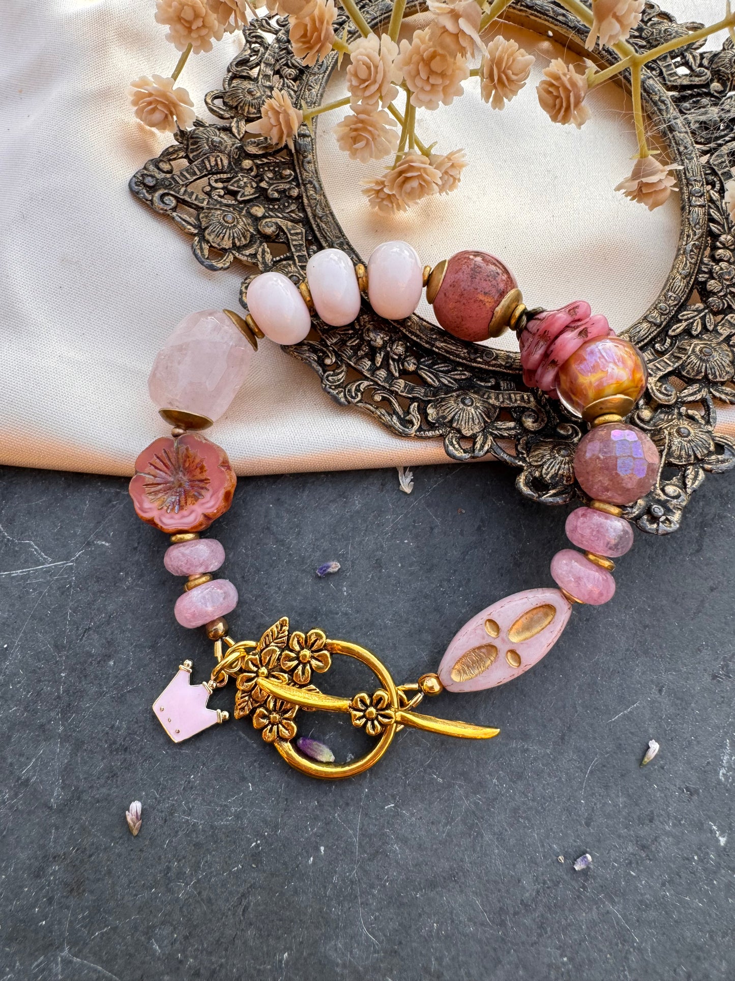 Rose quartz, pink opal, Czech glass, lampwork glass, strawberry quartz, ceramic bead, gold metal, bracelet