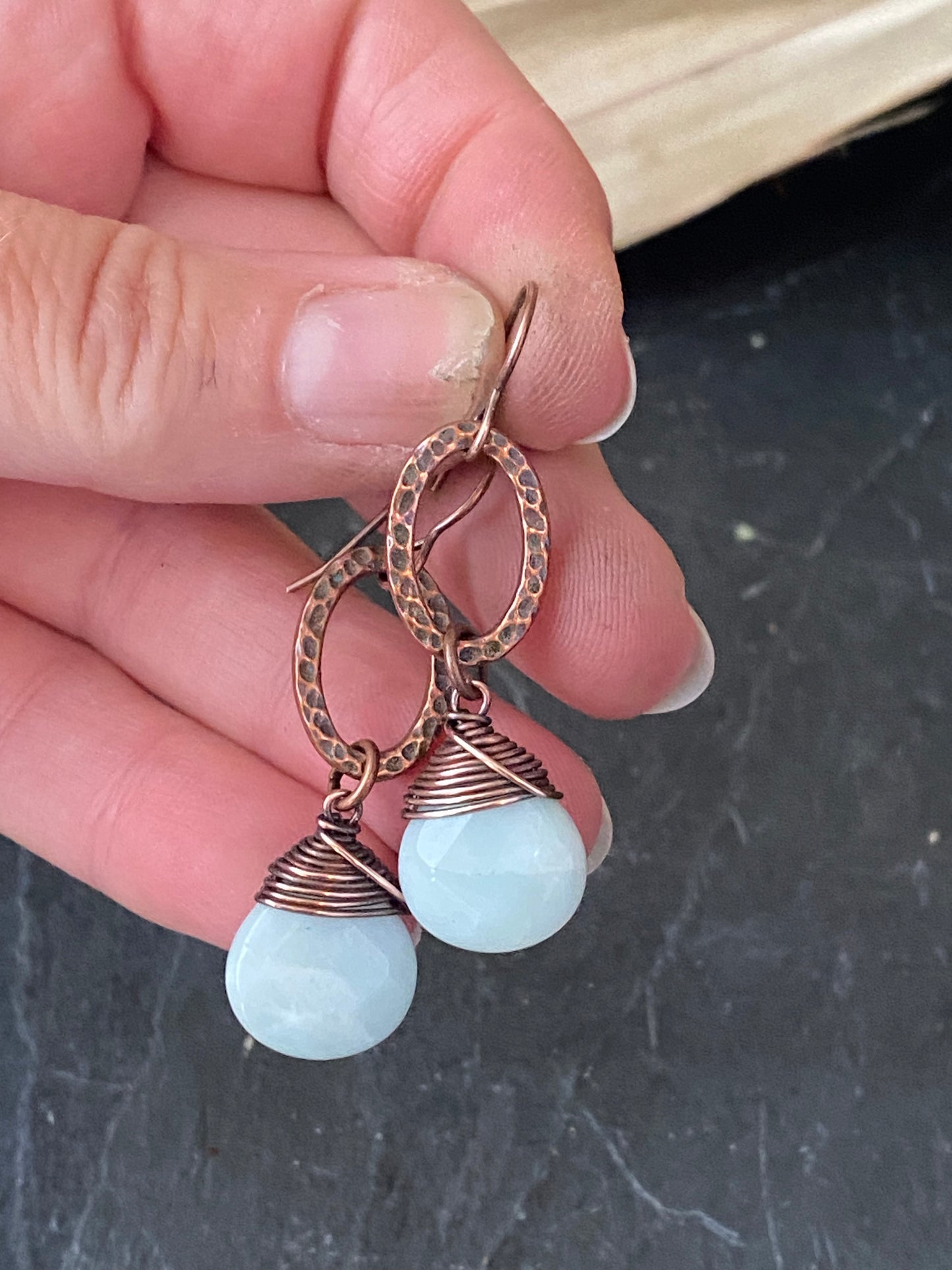Amazonite gemstone drops, copper hammered metal charm, earrings, jewelry.