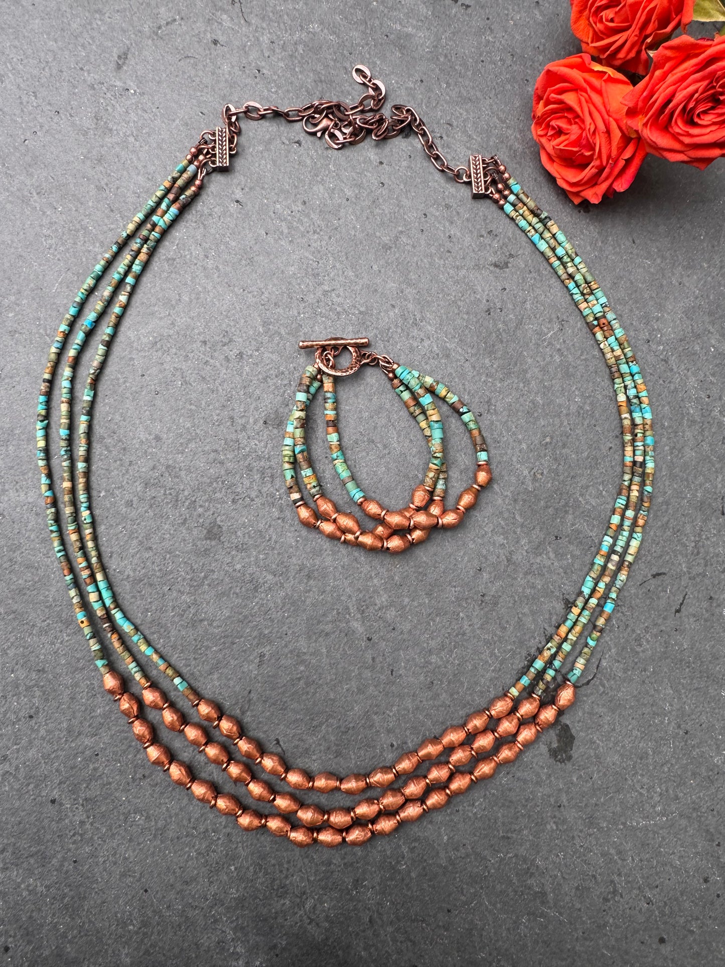 Turquoise stone, copper metal, multi strand, necklace