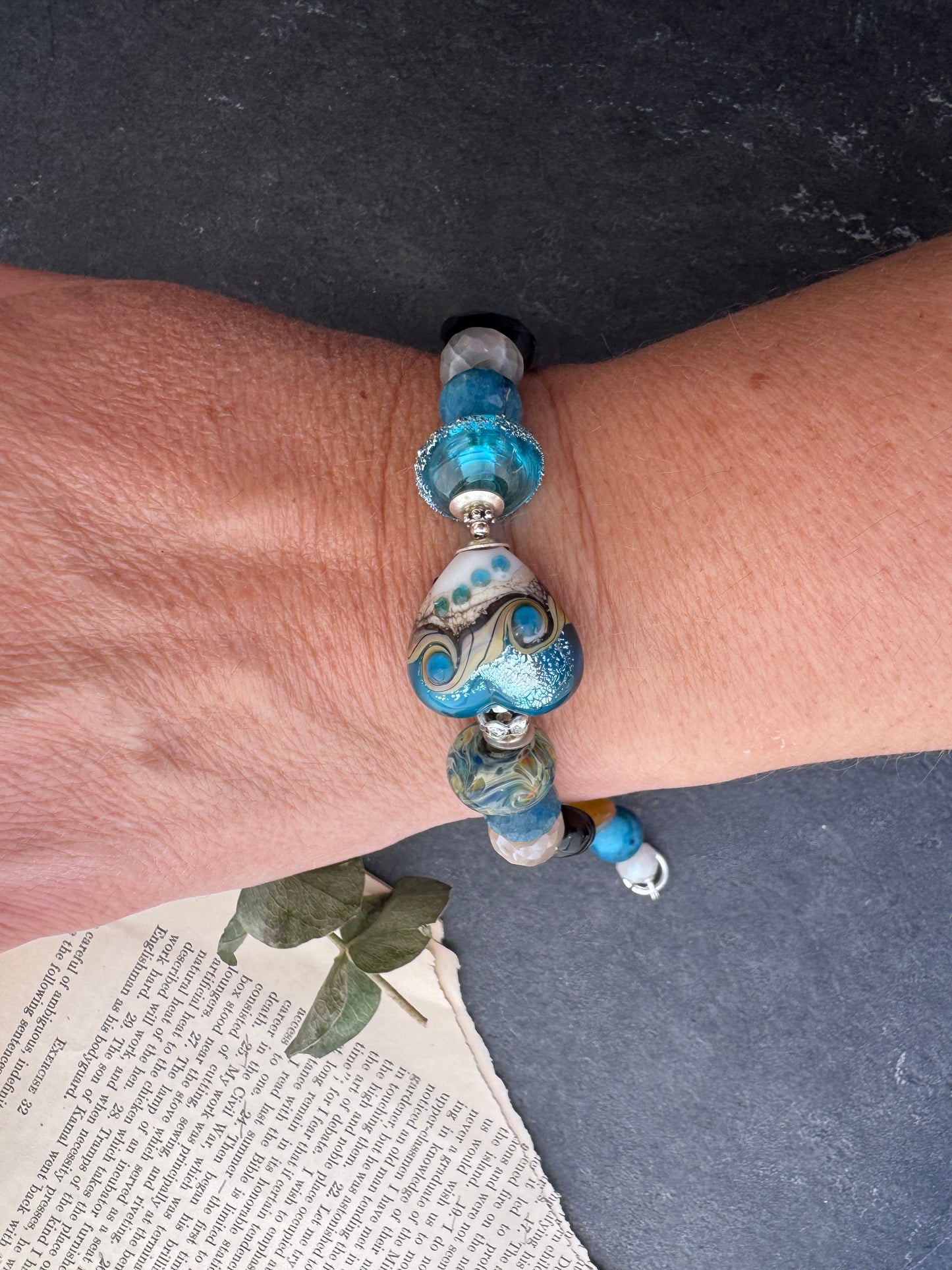 Apatite, handmade lampwork glass, agate, silver metal, bracelet