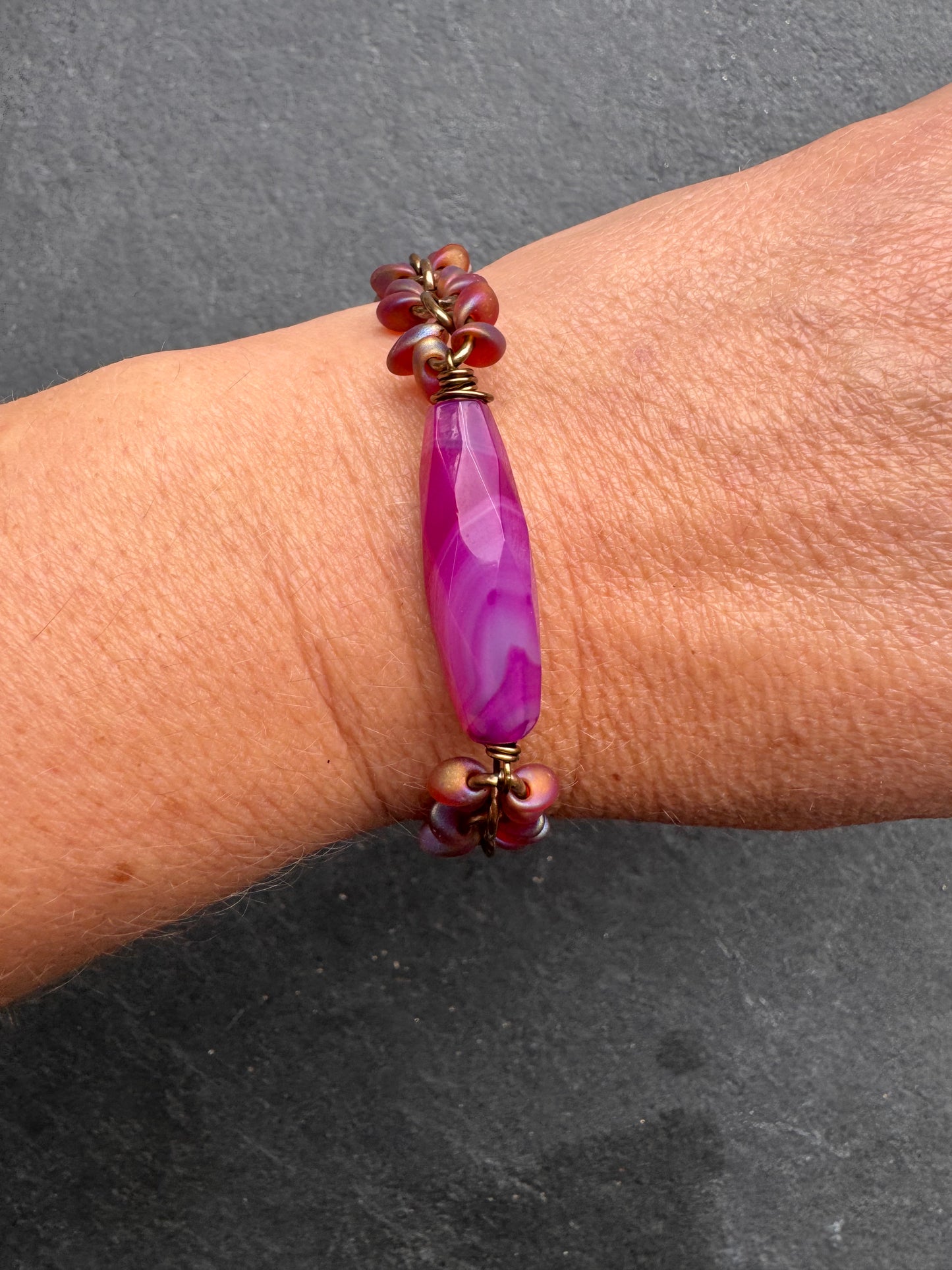 Pink agate, pink & blue Czech glass, Vintaj brass, bracelet.