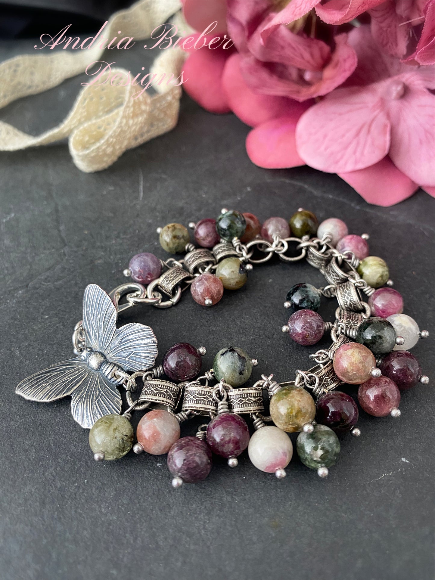 Watermelon tourmaline gemstone, chain, silver bracelet, jewelry