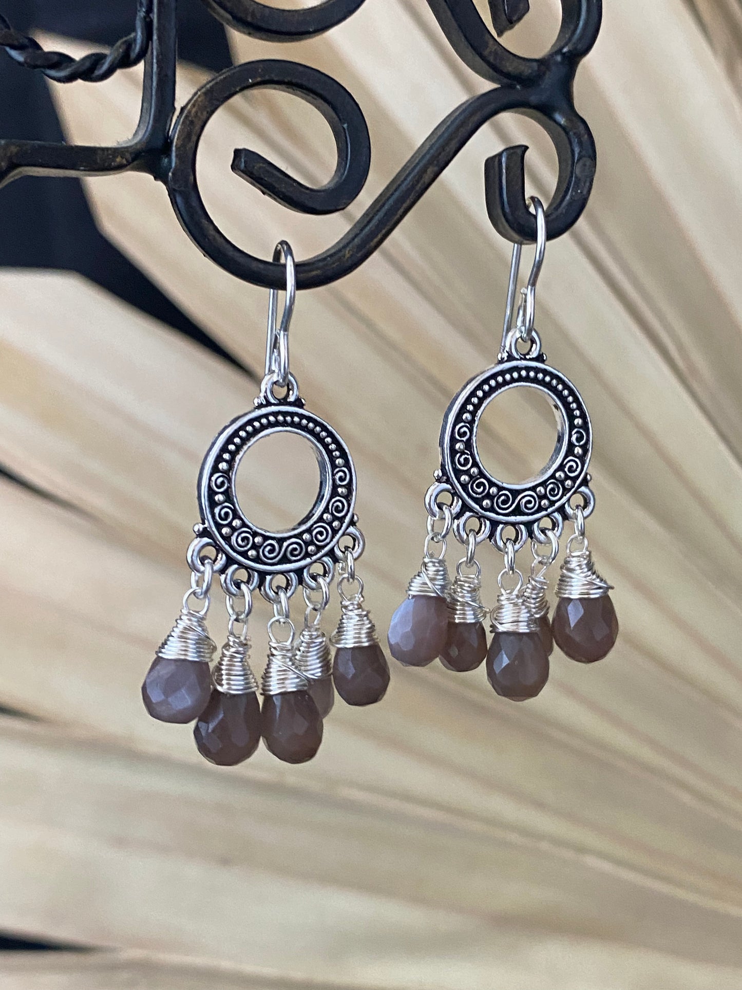Grey moonstone faceted drops, wire wrapped, silver metal earrings, jewelry.