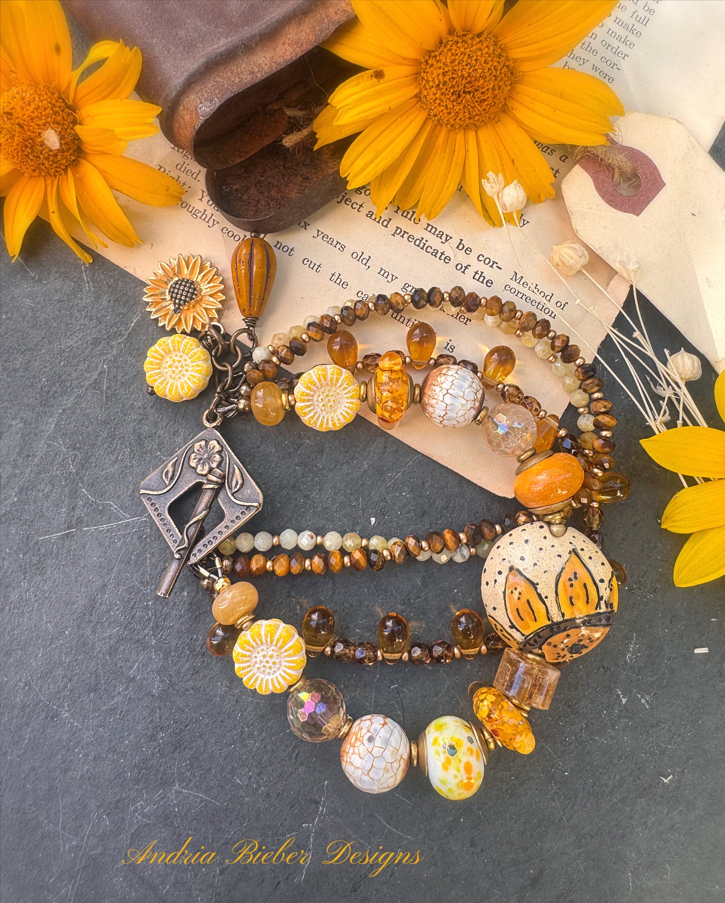 Sunflower. 🌻ceramic beads, Handmade lampwork glass, citron, tiger eye, African opal, Czech glass, bronze metal, bracelet. Includes earrings.