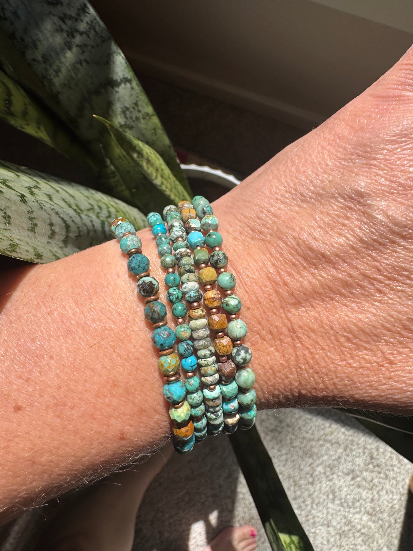 Turquoise and copper metal, multi strand, bracelet. MTO.