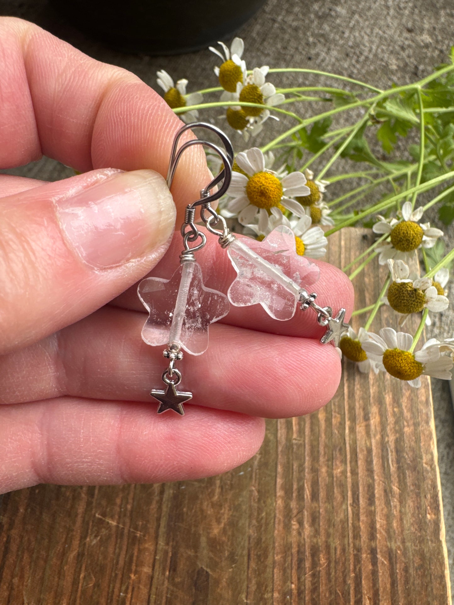 Clear quartz star shape stone, silver metal, earrings