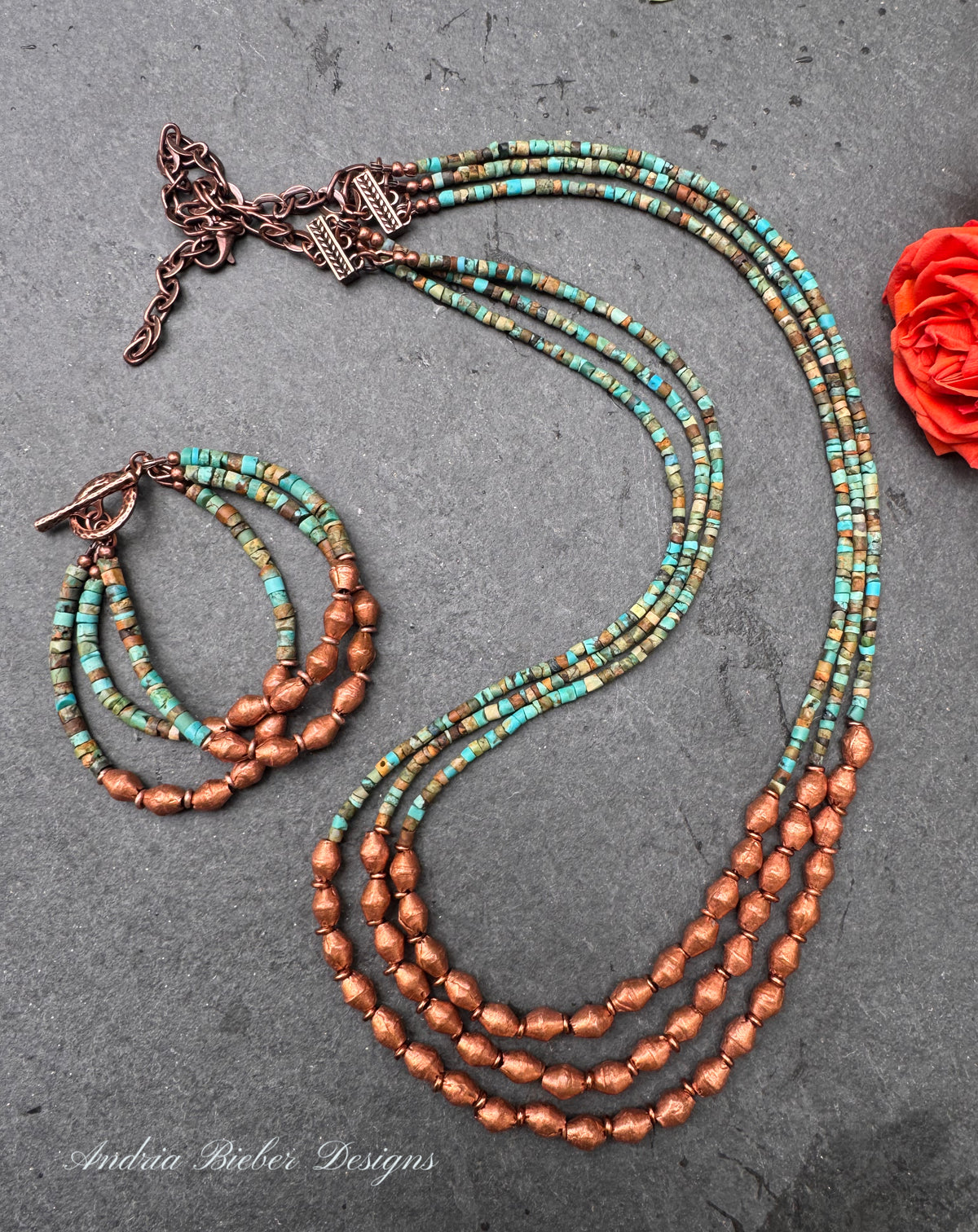 Turquoise stone, copper metal, multi strand, bracelet