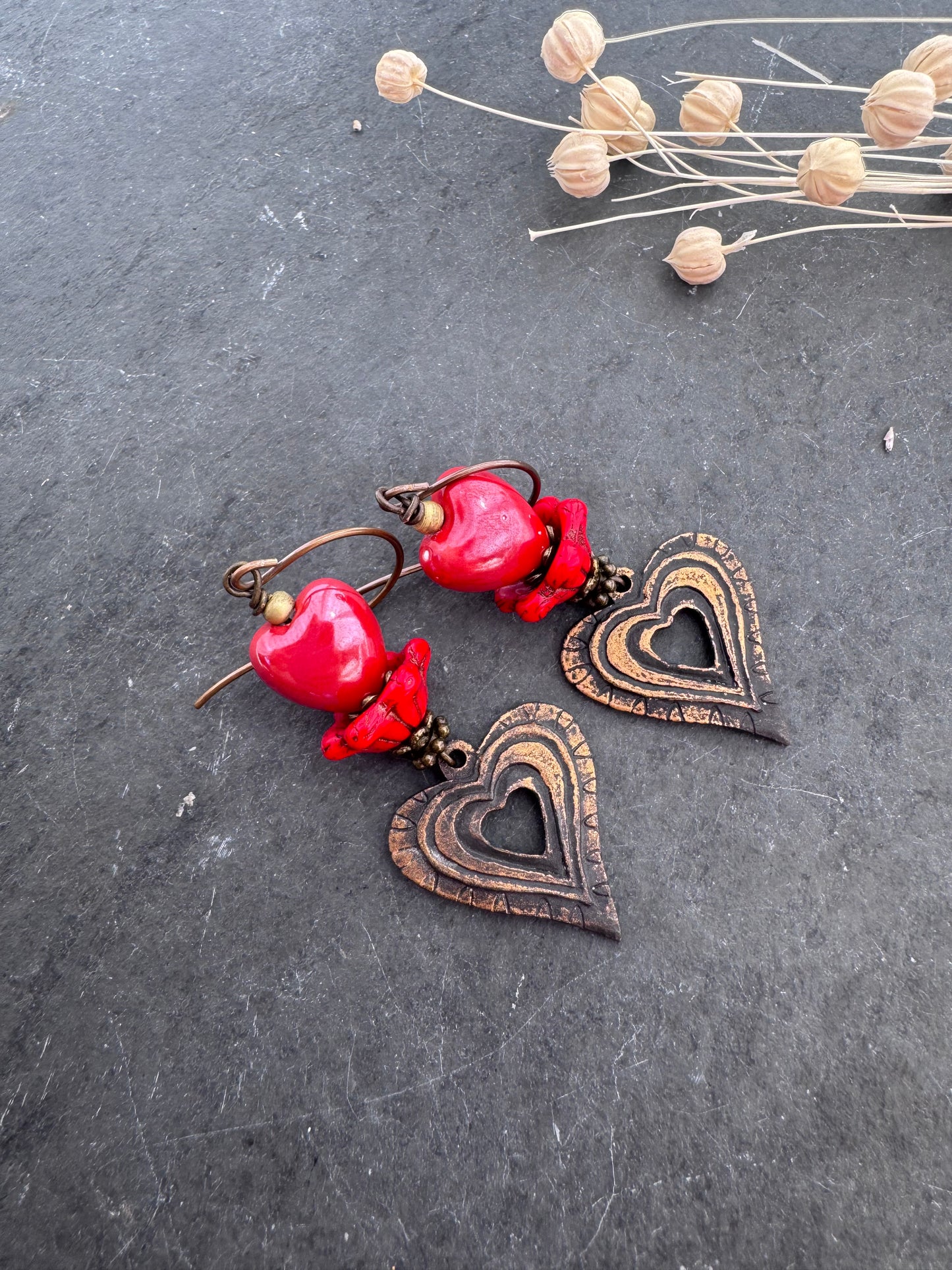 Heart bronze metal charms, glass beads and brass metal, earrings
