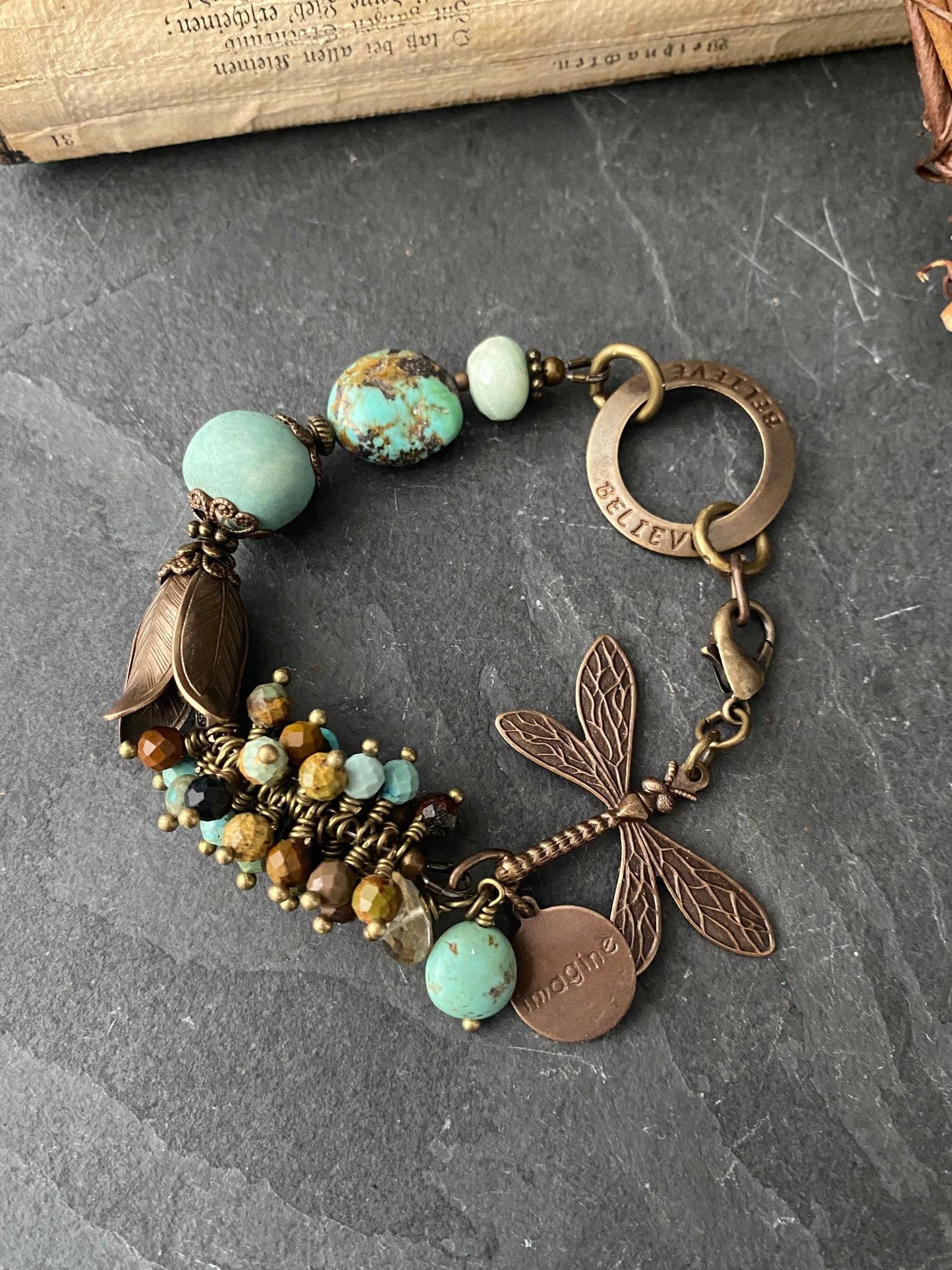 Turquoise, amazonite, ceramic, bronze metal, bracelet, KIT
