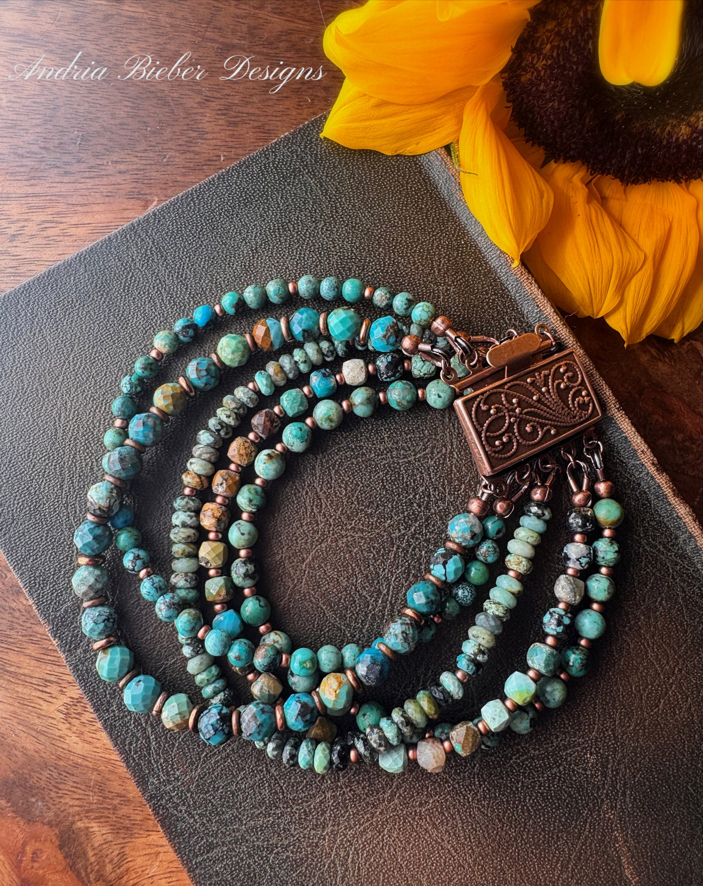 Turquoise and copper metal, multi strand, bracelet. MTO.