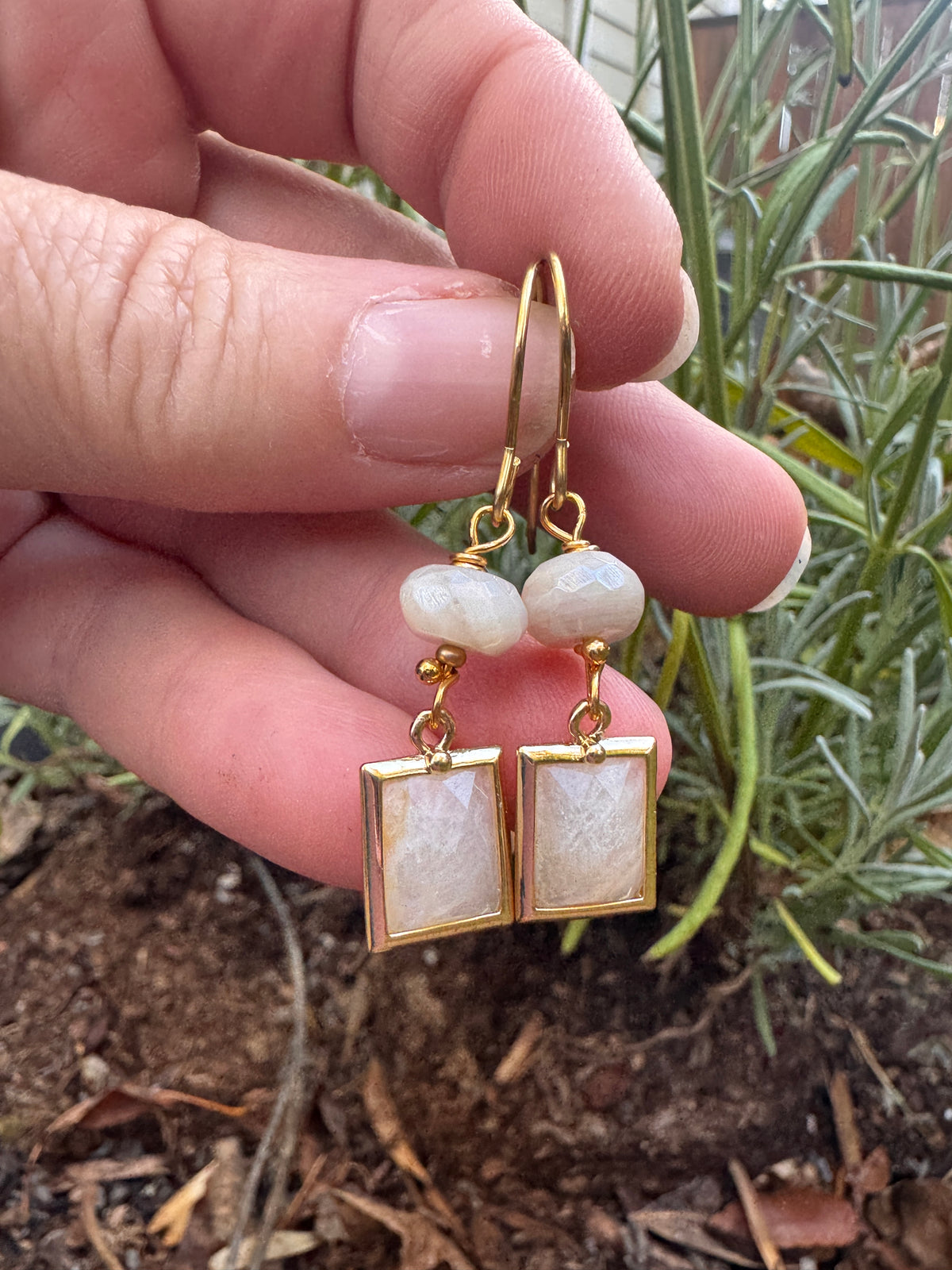 Rainbow moonstone, gold metal, drop, earrings