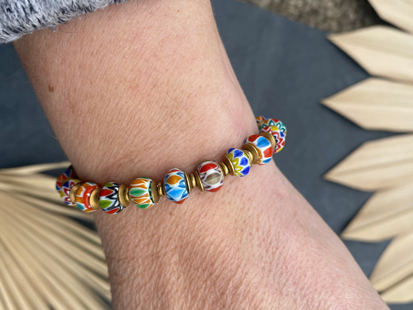 Indonesian glass, African brass, elastic cording, bracelet, jewelry