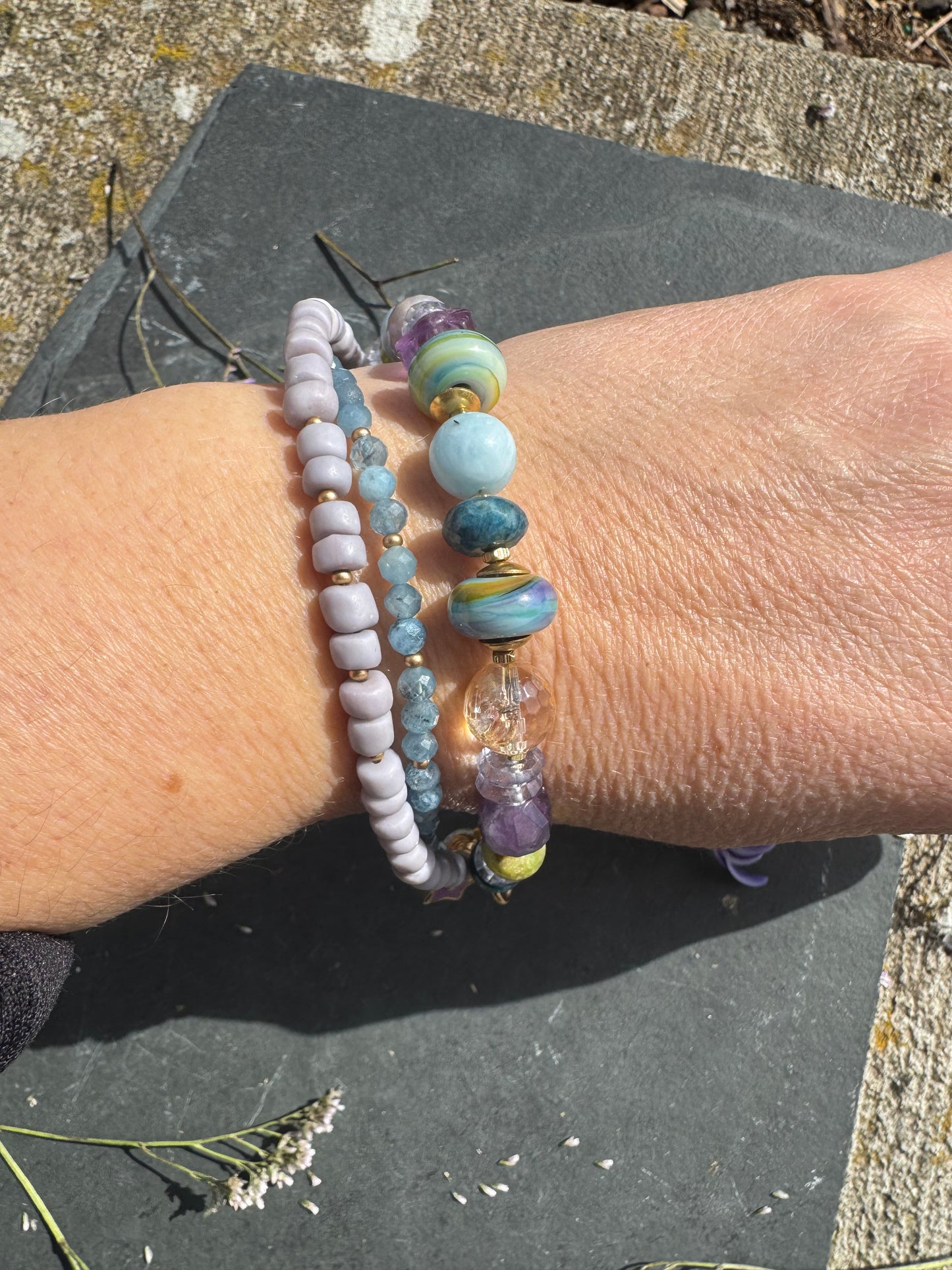 handmade lamp work glass, blue opal, fluorite, citrine, aquamarine, amethyst, ioilite, java glass, bracelet