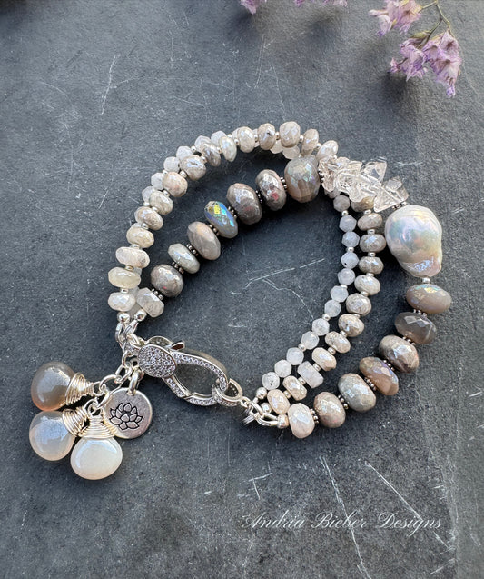 Moonstone, baroque pearl, Herkimer diamonds and rhinestone silver clasp, bracelet