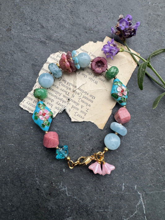 aquamarine stone, Chrysoprase, rhodochrosite, Cloisonné, czech glass, bracelet